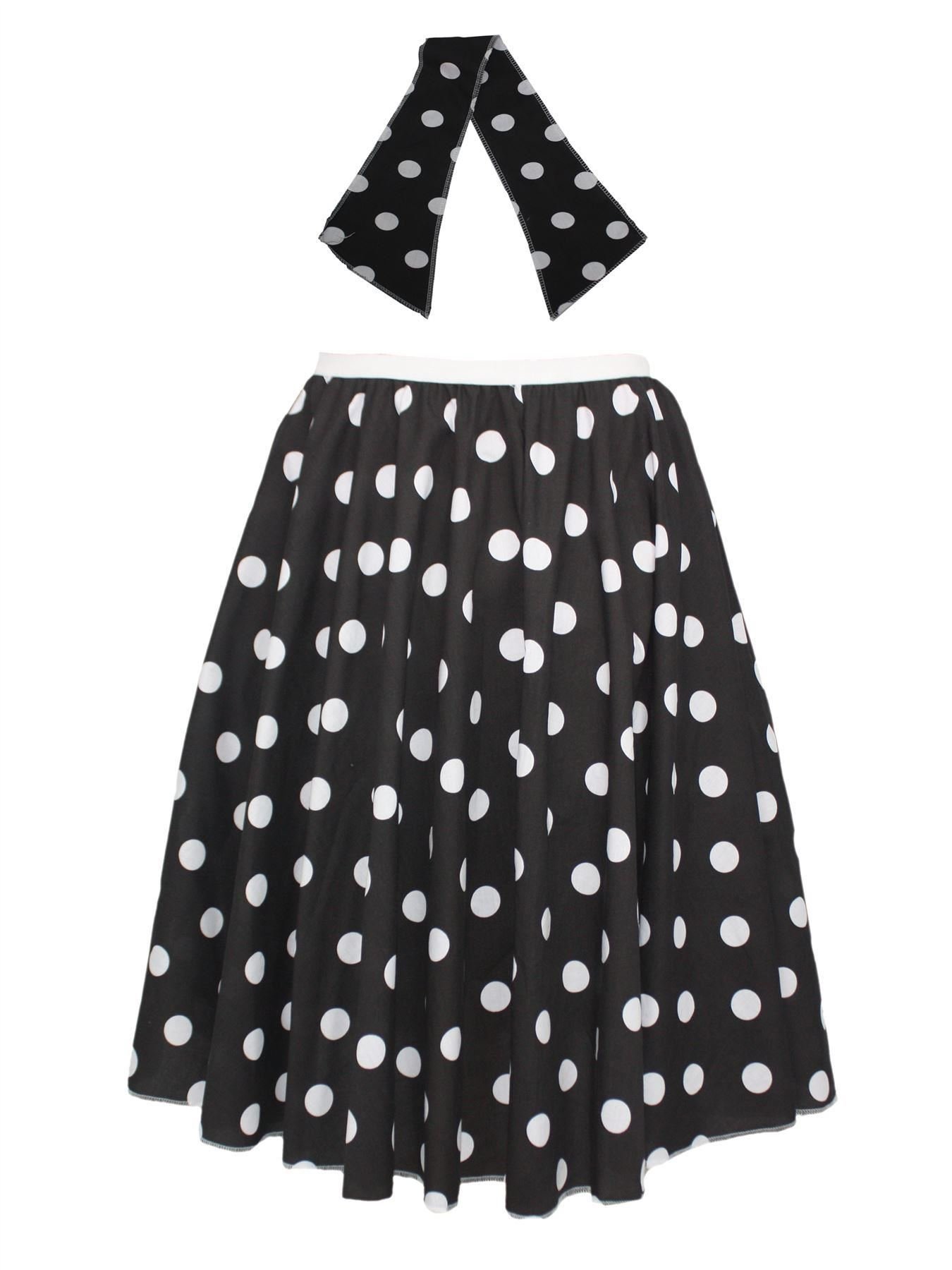 Adults 22" Length Black & White Polka Dot Rock & Roll Skirt & Necktie Fancy Dress [S-M]