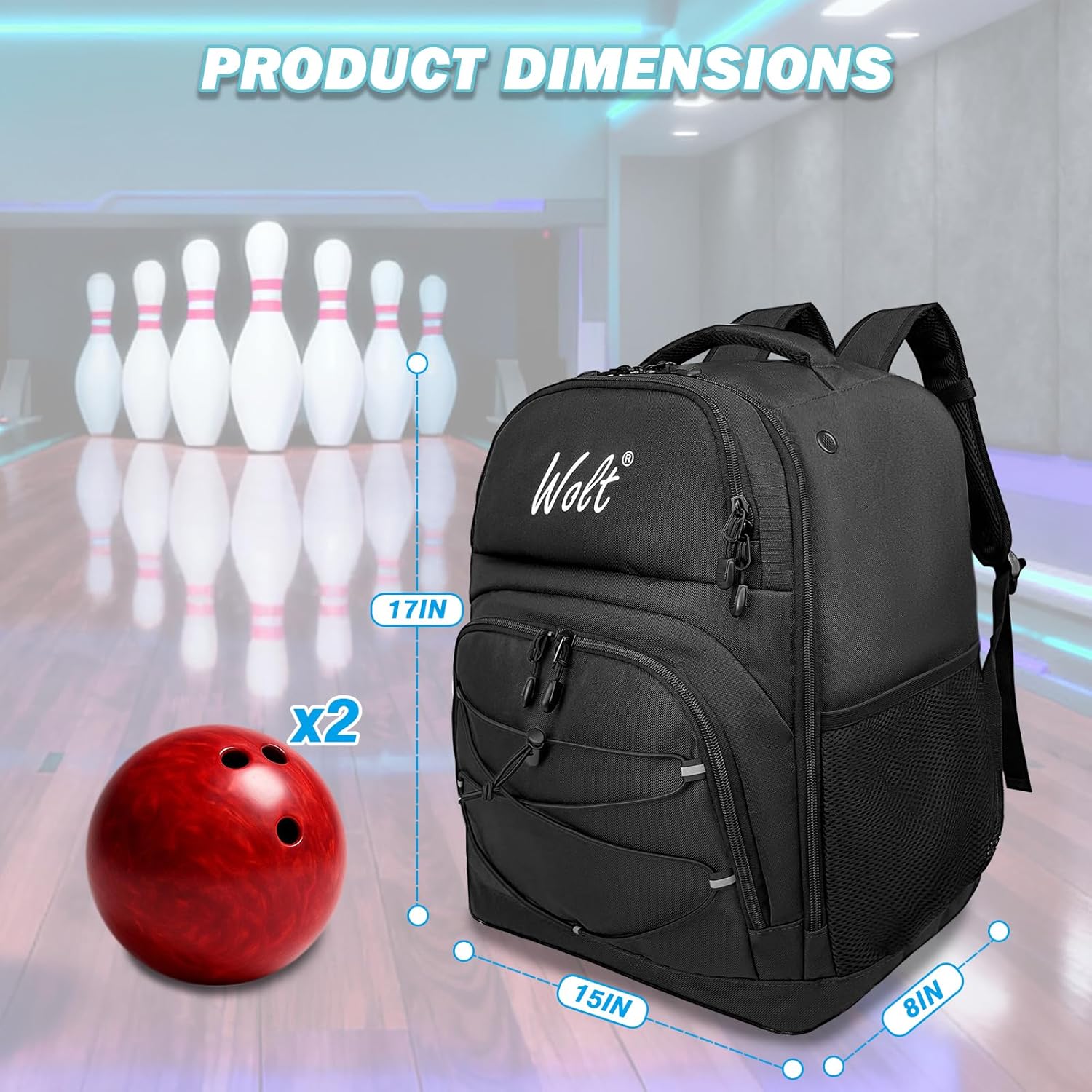 WOLT Bowling Ball Bag,2 Ball Bowling Backpack with Protective Foam Padded & Shoe Compartment Fits Up to Mens Size 16