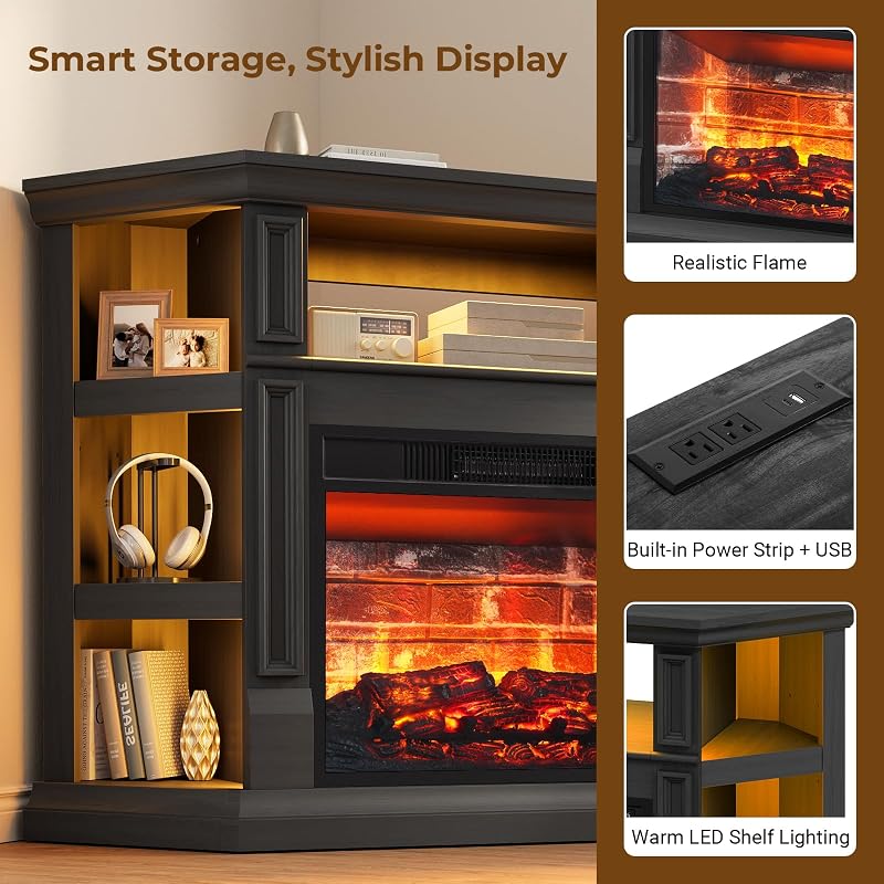 Corner TV Stand with Electric Fireplace, Black image 4