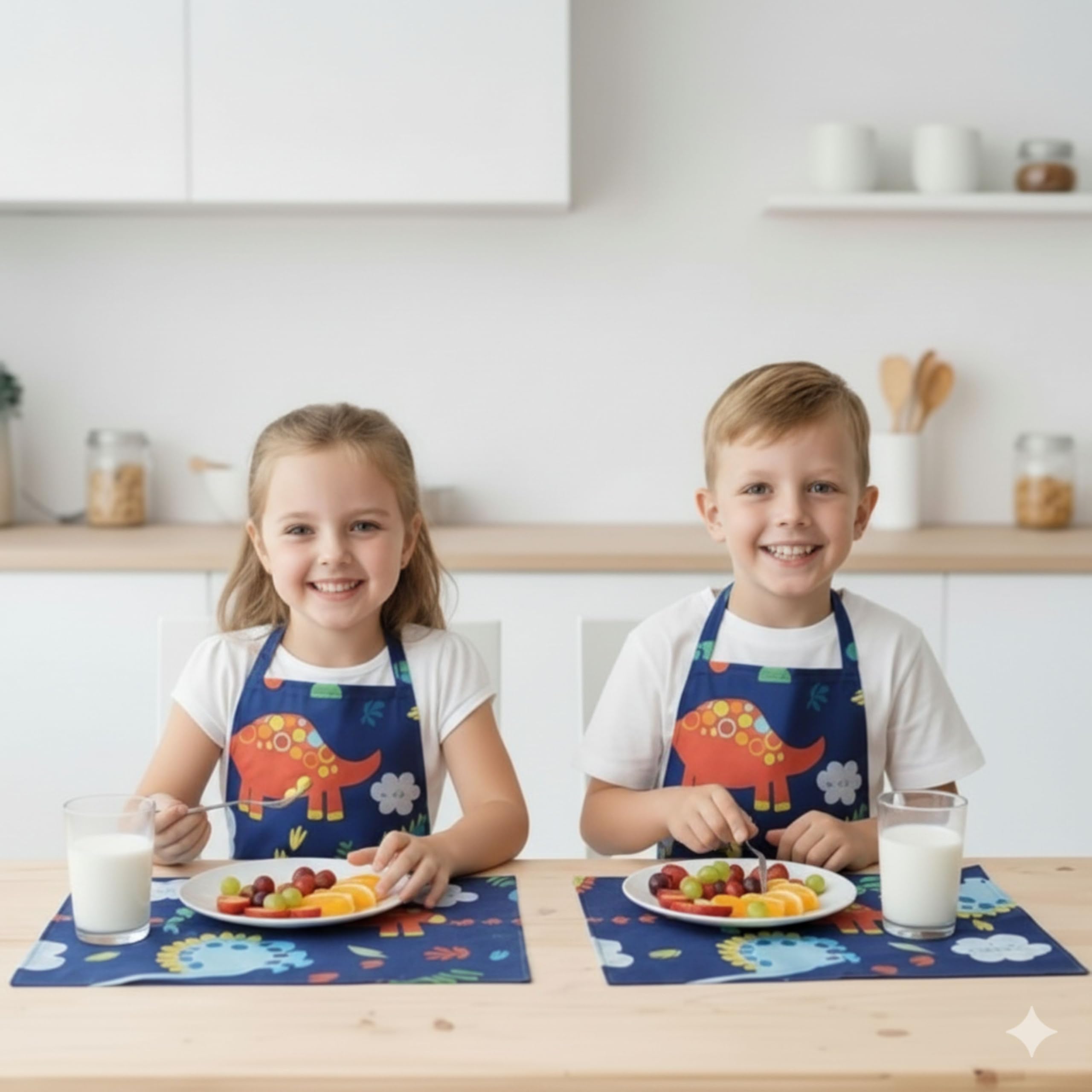 HOUSE FOX Kids Waterproof Apron and Table Mat Set (Pack of 2) – Durable Dinosaur Print Mealtime & Art Smocks for Boys and Girls Ages 4-9 Years – Washable, Soft Cotton Feel, Multipurpose Use-image-39