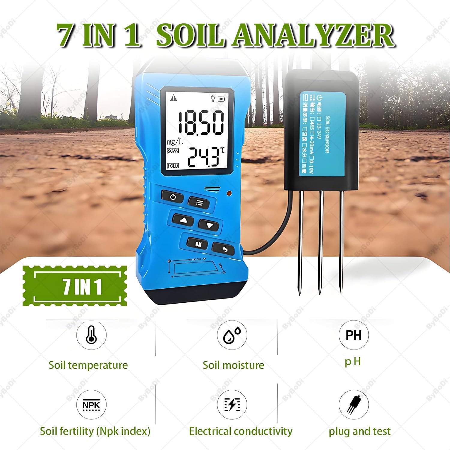 Misuratore di pH del suolo, tester 7 in 1 del suolo con sensore di umidità e temperatura, kit di test da giardino LCD retroilluminato per prato, fattoria, piante da interno ed esterno