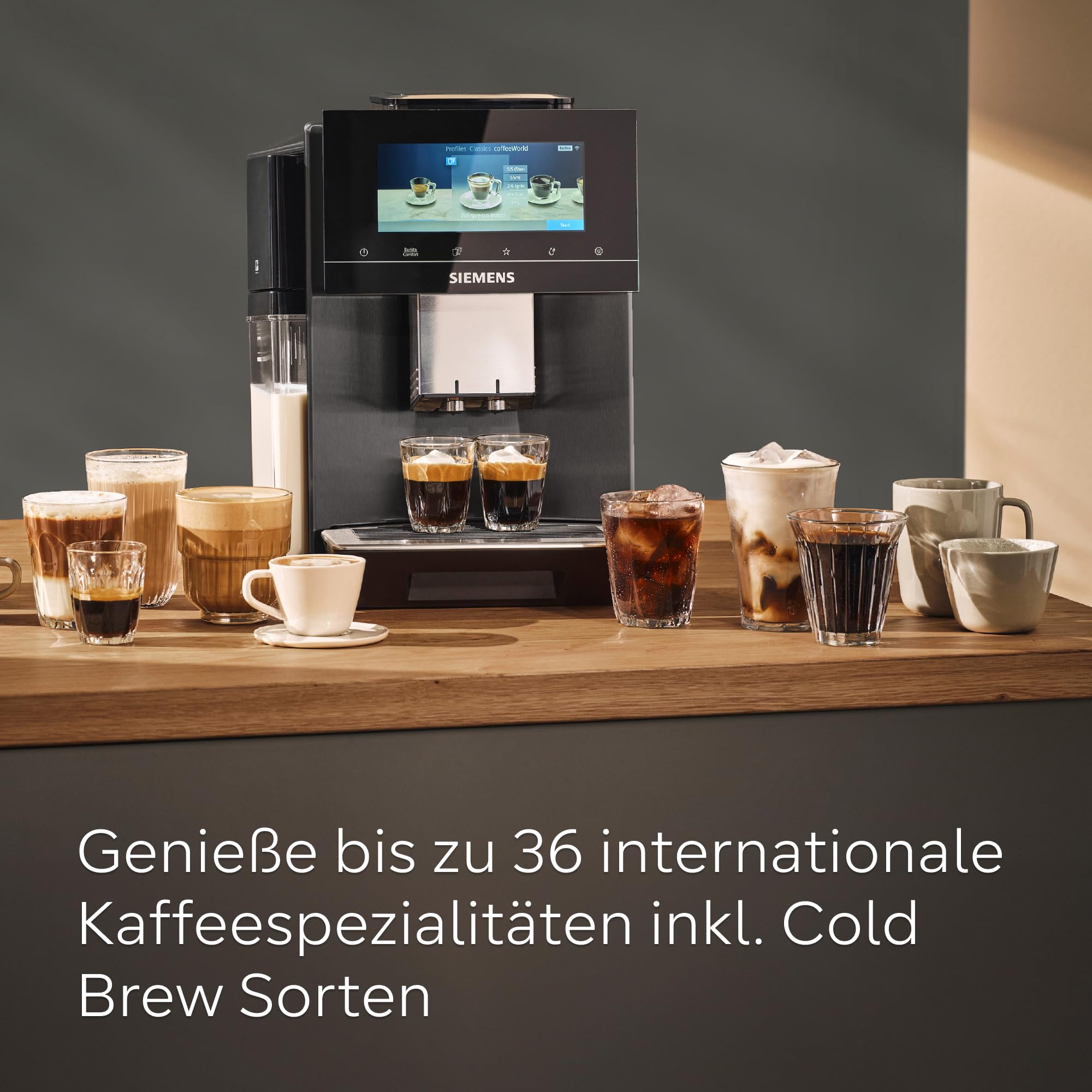 Siemens Kaffeevollautomat EQ900 plus, großes farbiges TFT-Display, autom. Reinigungsystem via Kartuschen, 36 Heiß- und Kaltgetränke, Cold Brew, Doppeltassenfunktion, super leise, Edelstahl, TQ905DZ3 | Großes farbiges TFT-Display, Autom. Reinigungsystem vi