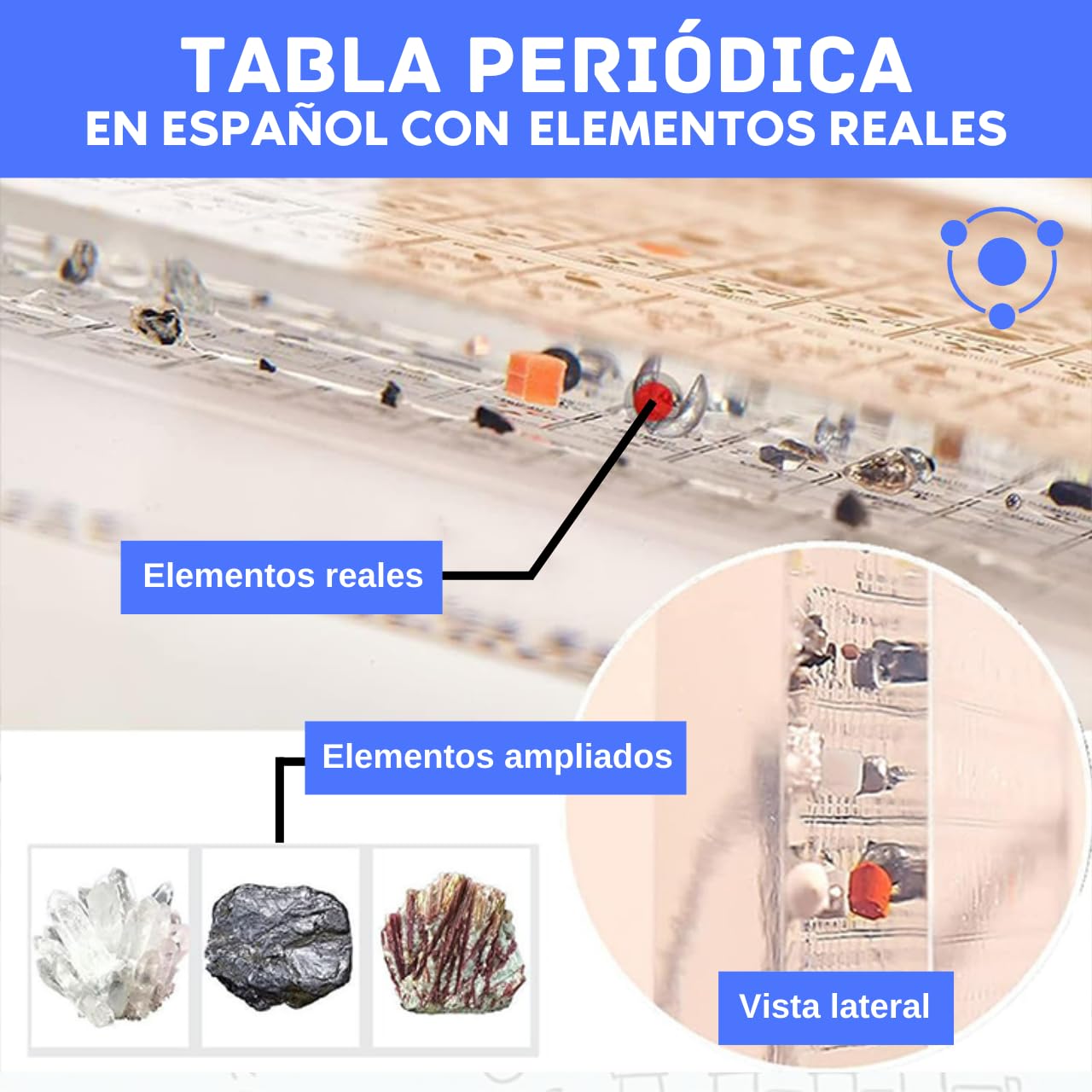 Tabla Periódica en Español Grande con Elementos Reales (21x16x4) - Póster Tabla de los Elementos con Resina Transparente en Castellano - Regalo Química alumnos, profesores, aulas científico (12-XL2)