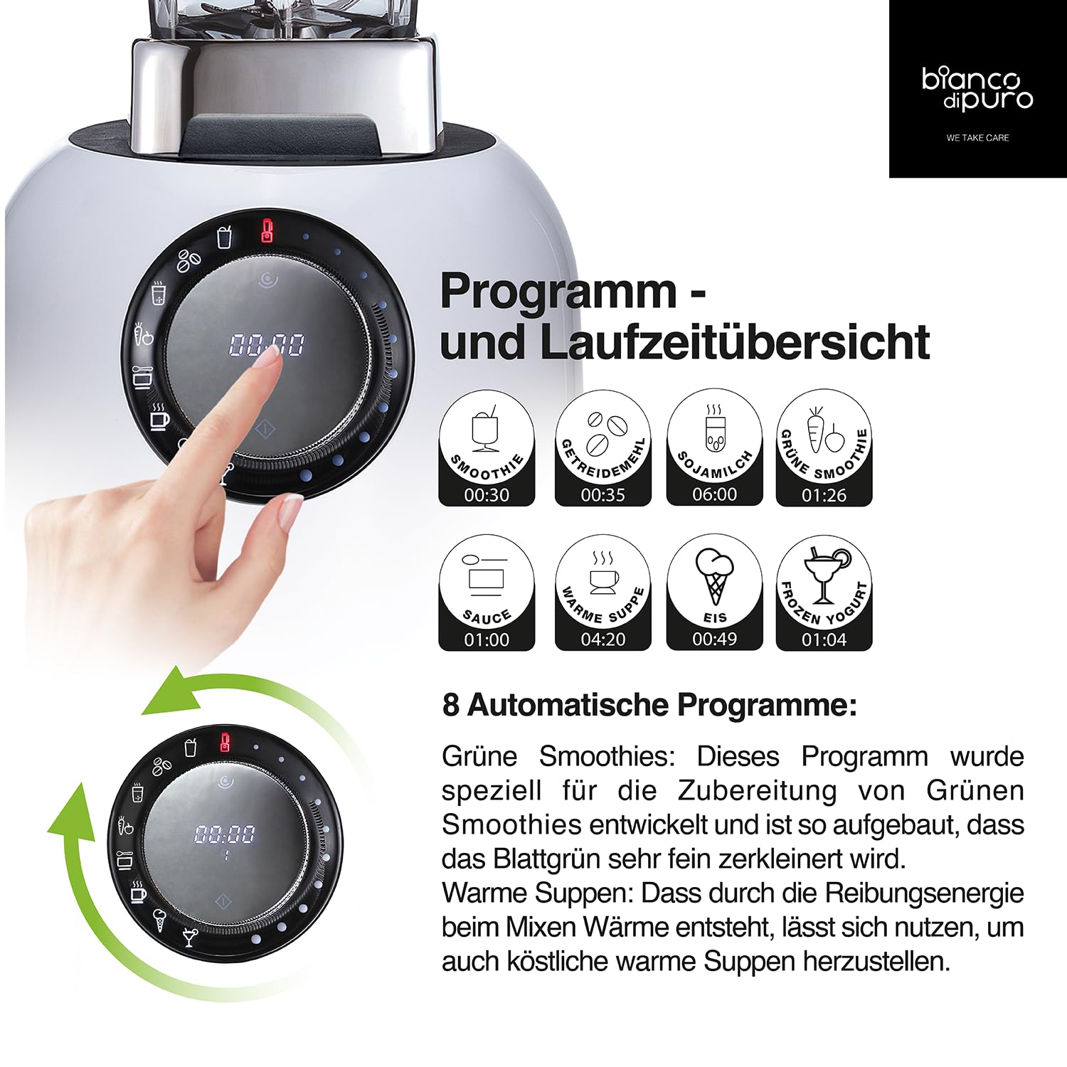bianco di puro® Hochleistungsmixer Puro S Smoothie Maker 8 Mixprogramme 2 Liter Mixbehälter BPA-frei - Weiss