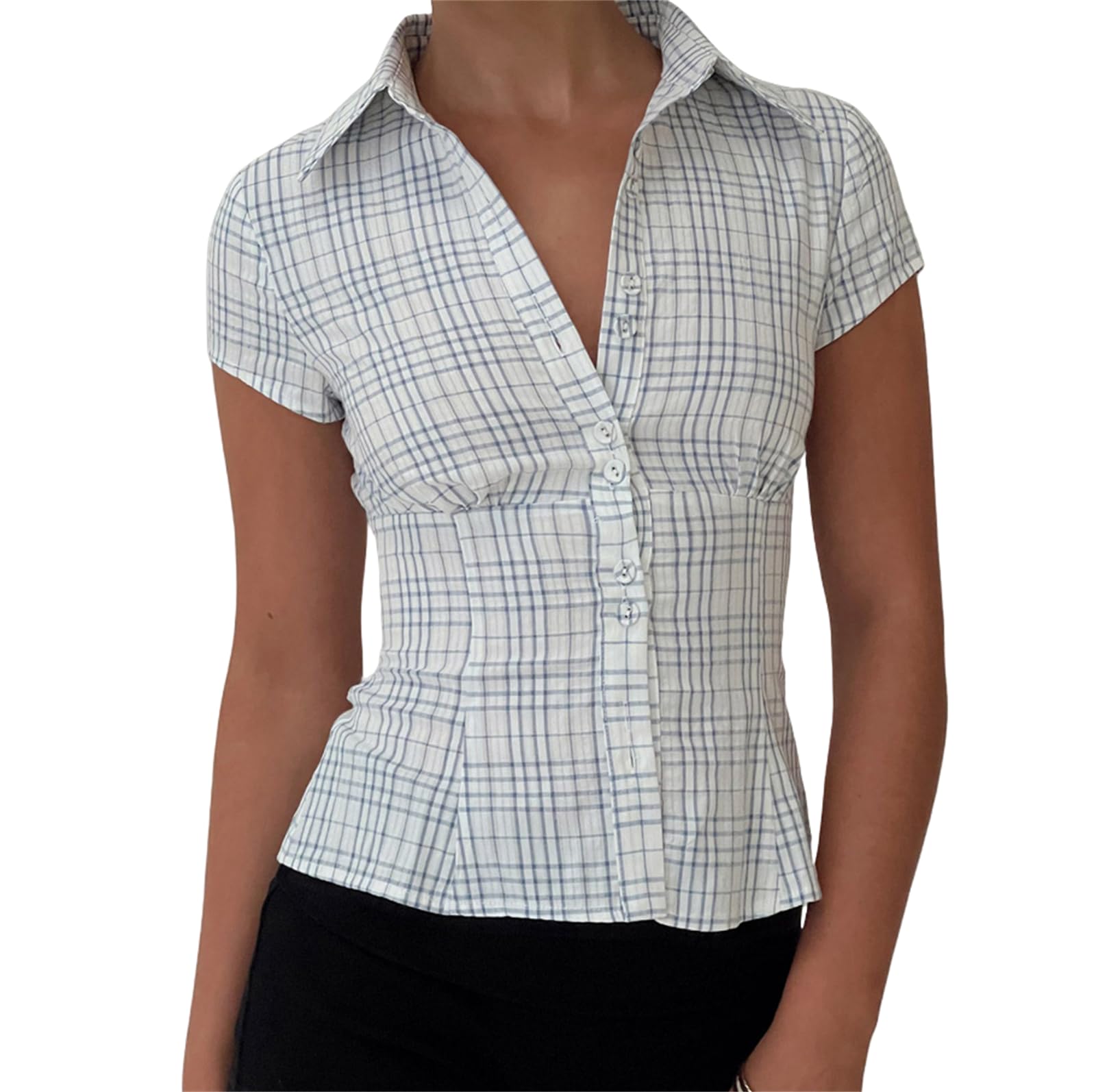 Y2k Girls Vintage Coquette Button Down Shirt Women Short Sleeve V-Neck Slim Fitted T-Shirt Cute Blouse Crop Top: Blue #D Large