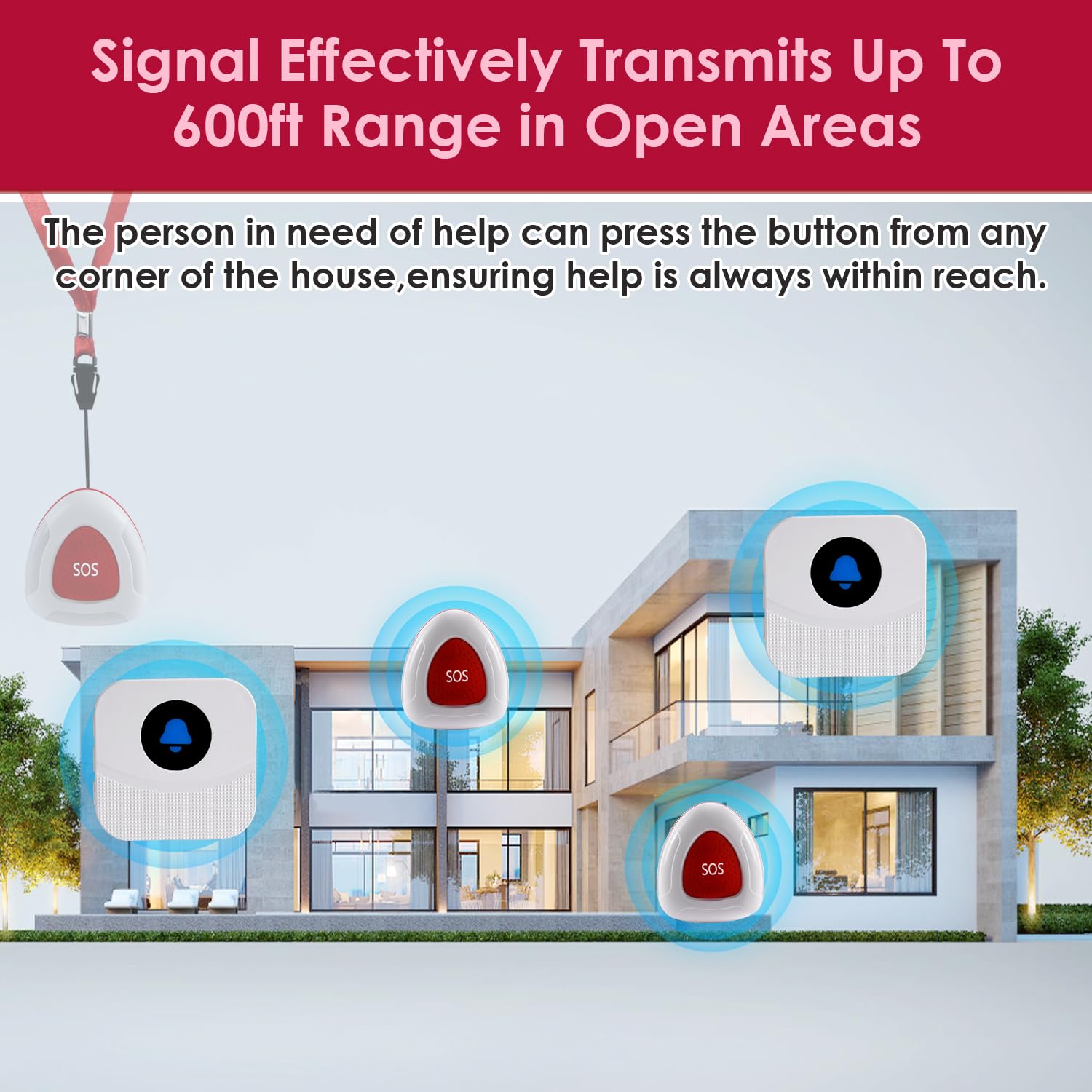 Sistema di chiamata infermiera wireless per uso domestico, 2 ricevitori di allarme plug-in e 2 pulsanti di aiuto impermeabili, portata di oltre 150 m, per anziani/pazienti/disabili