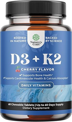 Natures Craft Vitamina D3 con suplemento K2 MK7 – Vitamina D3 2000 UI tabletas y K2 para apoyo inmunológico, salud ósea, salud cardíaca, apoyo
