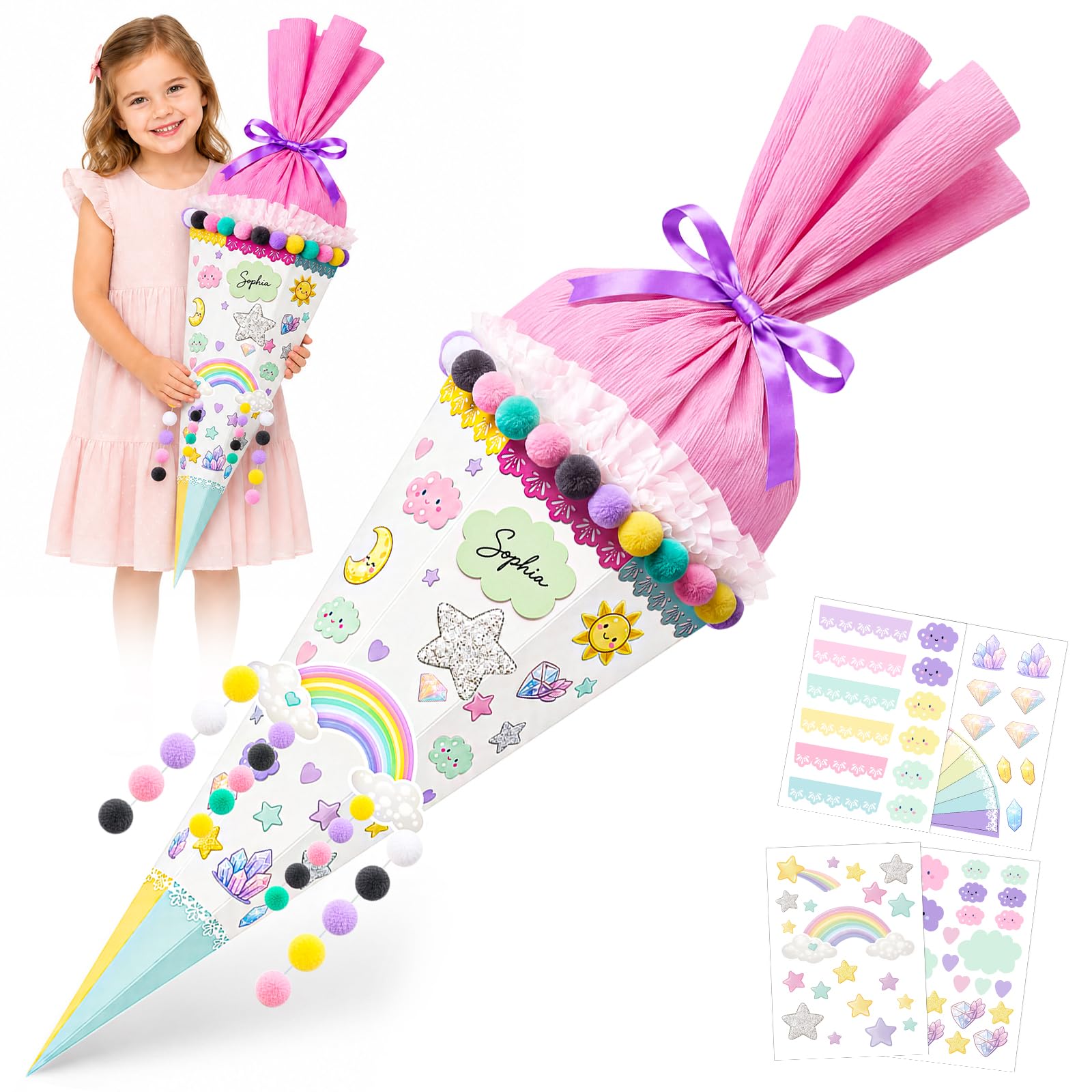 Schultüte Mädchen Füllung Kleine Geschwister Schultüte Bastelset Regenbogen | 6-eckige Zuckertüte zum Basteln und Befüllen mit Süßigkeiten, Stiften, Schulzubehör und Geschenke, 32 cm Hoch, Ø ca. 14 cm