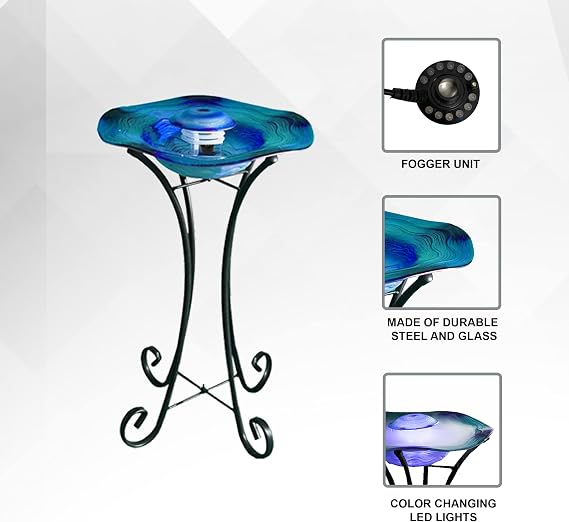XBrand 27 LED Mist Indoor Floor Fountain, Freestanding Water Feature with Inline Control, Aromatherapy, Glass & Metal, Blue