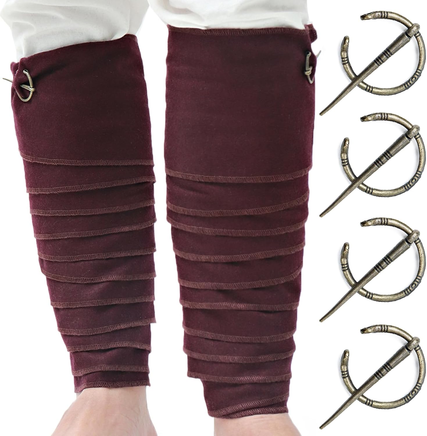 FURPHI Medieval Leg Wraps Woolen Puttees for Men with Brooch Pins Pirate Cosplay Accessary