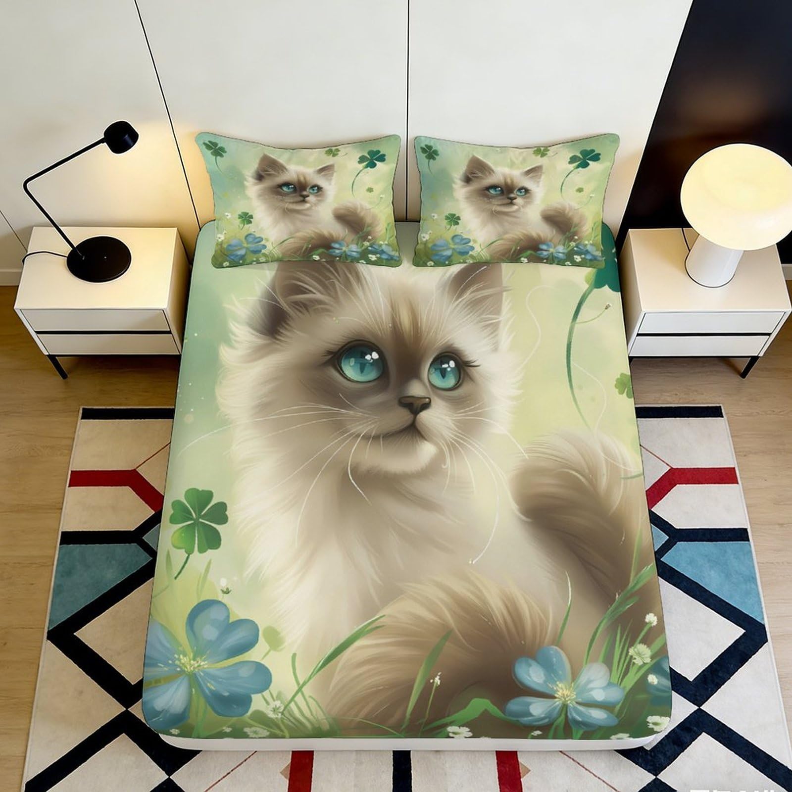 3D Printed Blue Eyed Cat Fitted Sheet Microfiber Soft Mattress Cover for Bedroom Decor Dorm Guest Room Protection 90x200x25cm