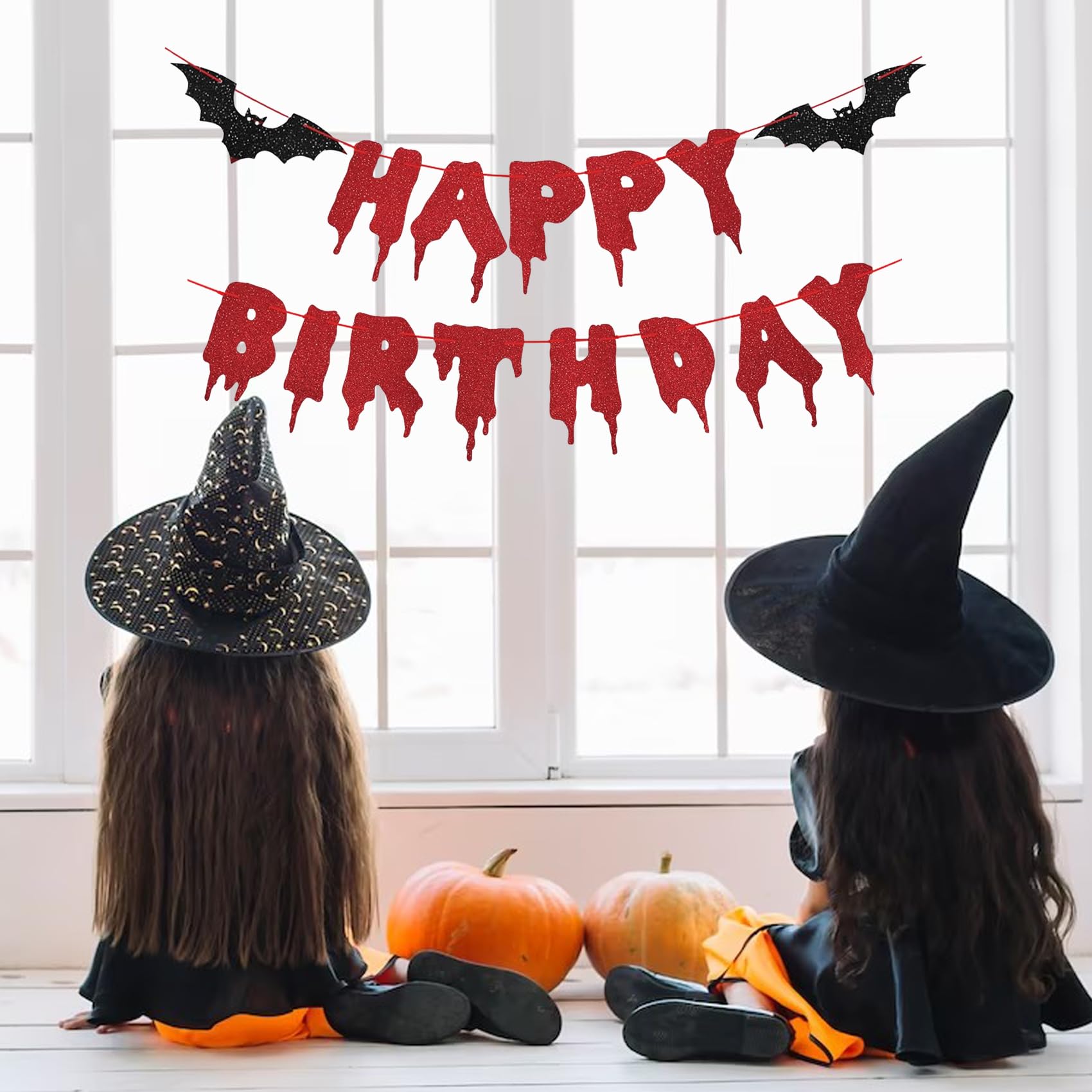 Red Glittery Happy Birthday Halloween Banner Hanging Paper Garland Bunting Banner Photo Backdrop Bloody Horror Movie Themed Birthday Party Decorations