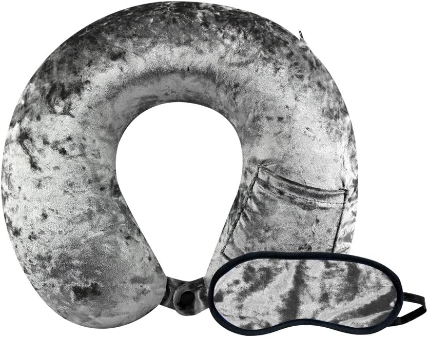 CloudzCloudz Crushed Velvet Memory Foam Neck Pillow with Sleep Mask - Grey