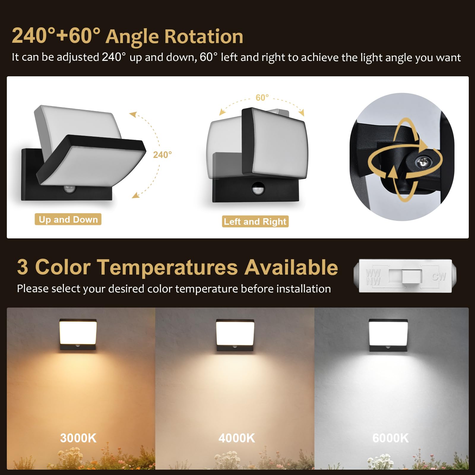 24W LED Außenlampe mit Bewegungsmelder, IP65 wasserdichte Wandleuchte, 3000K/4000K/6000K, Schwenkbares LED-Panel (240° vertikal), Dämmerungsbetrieb, Aluminium, für Terrasse, Garage, Eingang, Schwarz