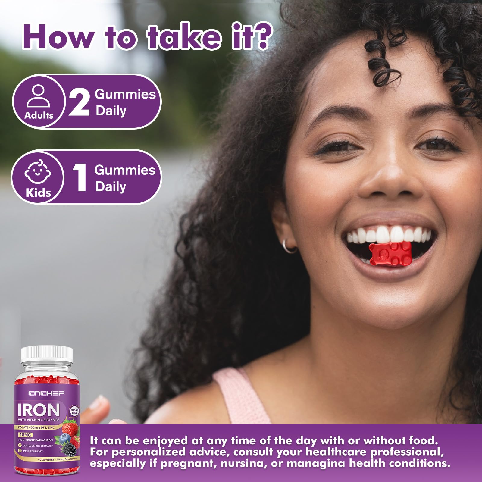 Iron Supplement for Women & Men Gummies, Multivitamin Blood Builder Iron Supplement with Folate Vitamin C B12 B6 Zinc for Adults & Kids - Energy Support - Mixed Berry Flavor, Vegan 60 Gummies — Amazon image 5