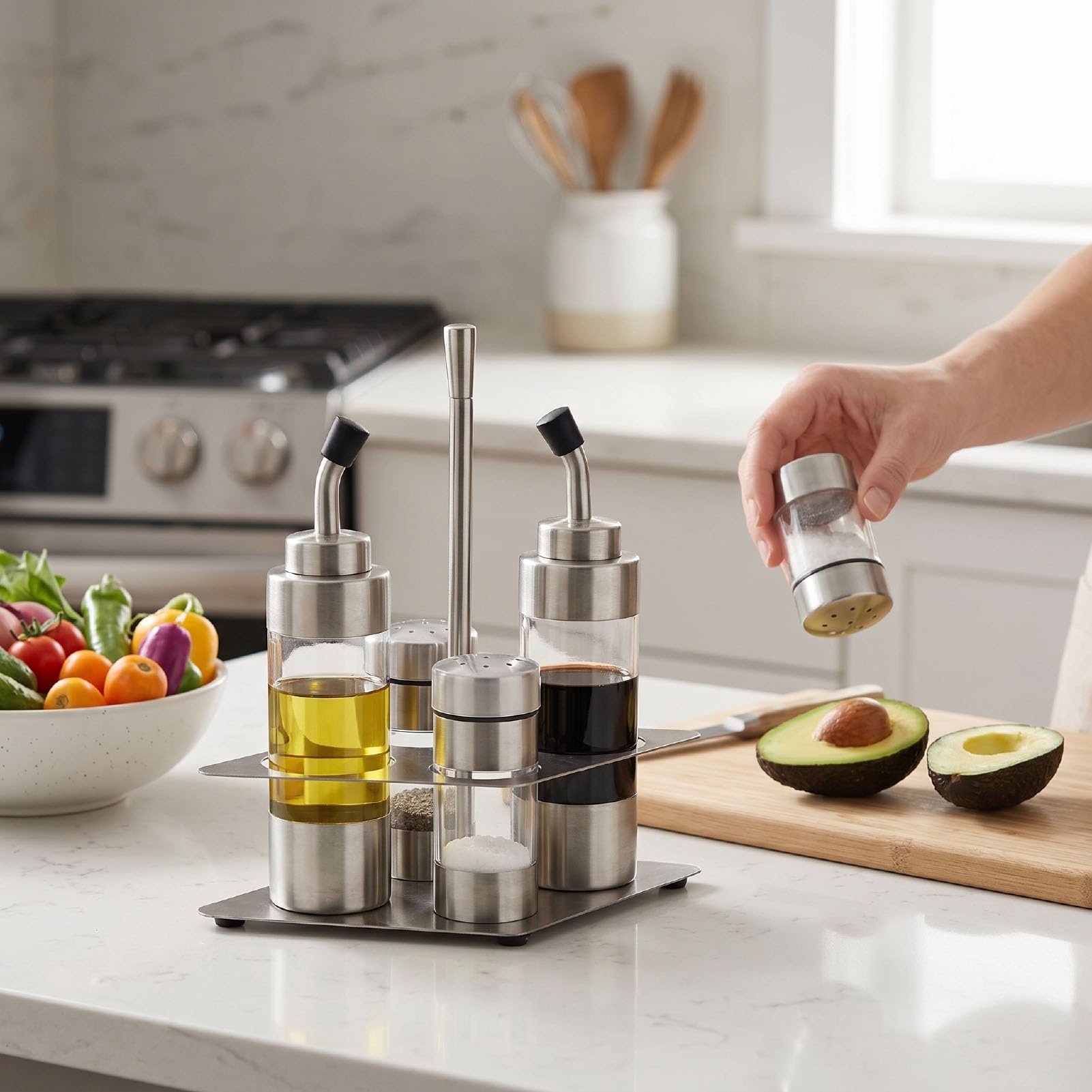 Öl-Essig-Spenderflaschen-Set, Gewürzflaschen-Set mit Caddy-Ständer, Tisch-Salz-Pfefferstreuer, Olivenöl-Essig-Gewürz-Mengen- für die Arbeitsplatte in der Küche zu Hause