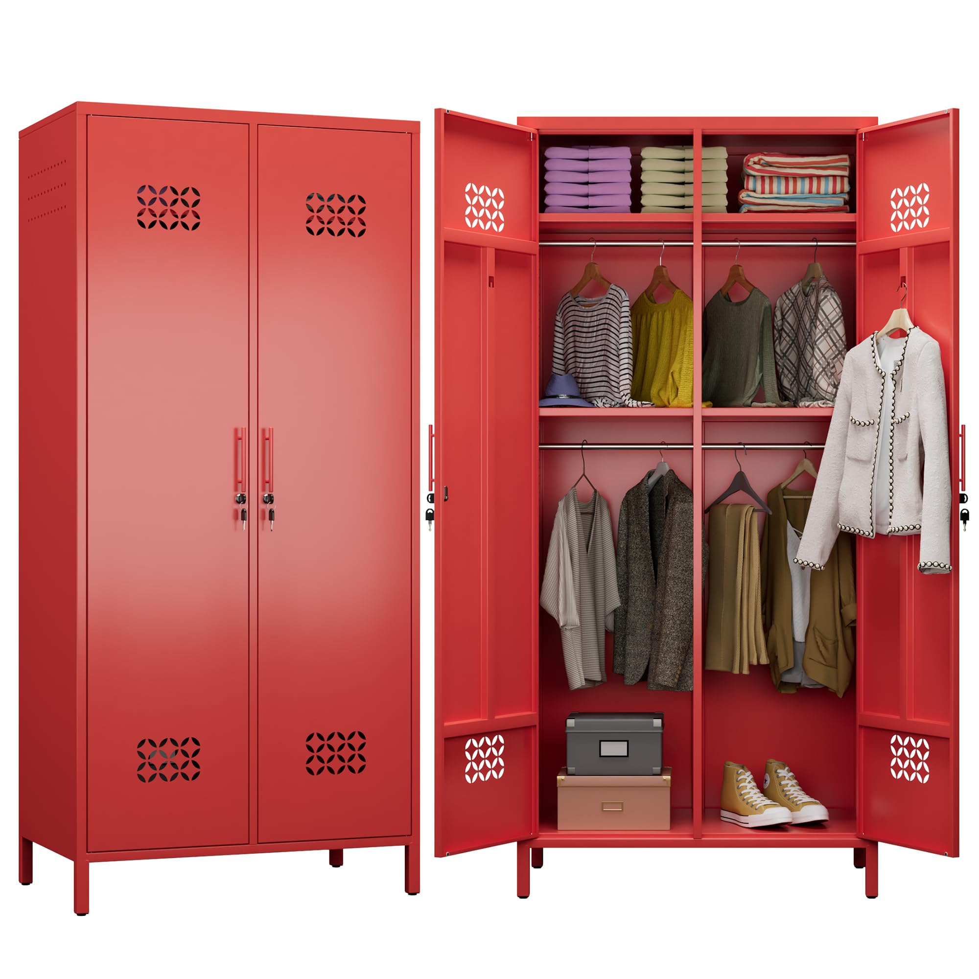 Aobabo Metal Wardrobe Closet with 2 Doors, Metal Wardrobe Cabinet with 4 Adjustable Shelves and 2 Hannging Rods, Storage Locker for Home, Red, Assembly Required
