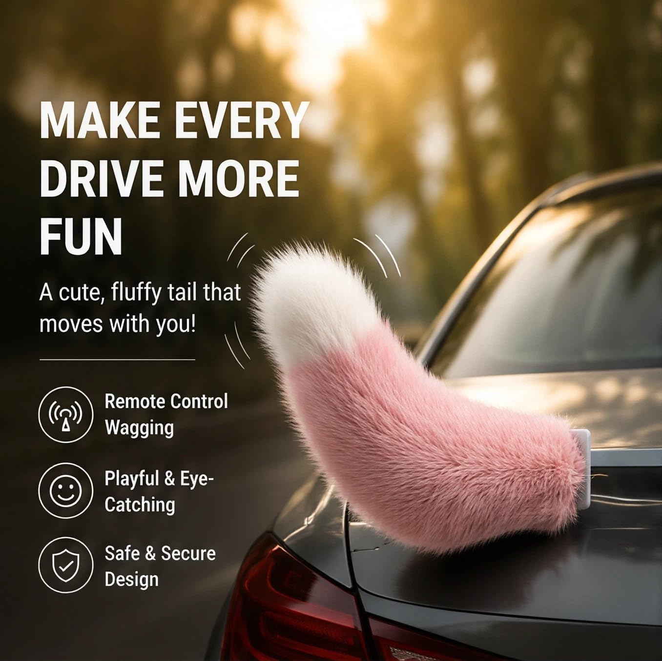 Remote Control Electric Car Tail, Cute Fuzzy Wagging Moving Tail for Car Exterior Decoration, Handmade Rechargeable Auto Trunk Charm, Universal Fit Vehicle (Grey)