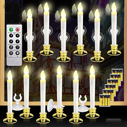 Juego de 12 velas de Navidad para ventana con temporizador, funciona con pilas, velas LED eléctricas sin llama para ventanas, portavelas dorados,