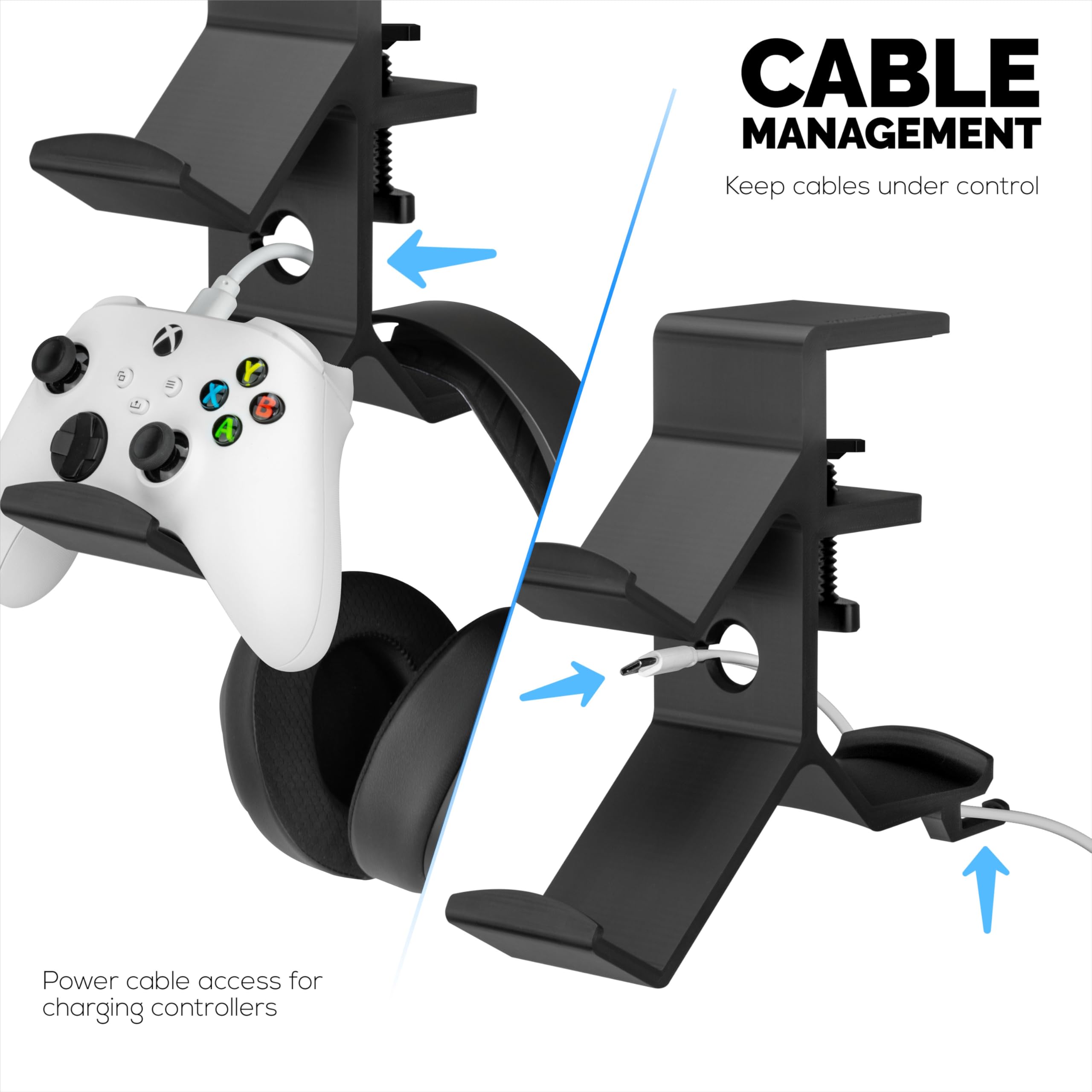 BRAINWAVZ The Grebe - Soporte para auriculares y controlador de juego dual - Se fija al lado del escritorio, soporte para auriculares debajo del escritorio, adecuado para todos los auriculares y