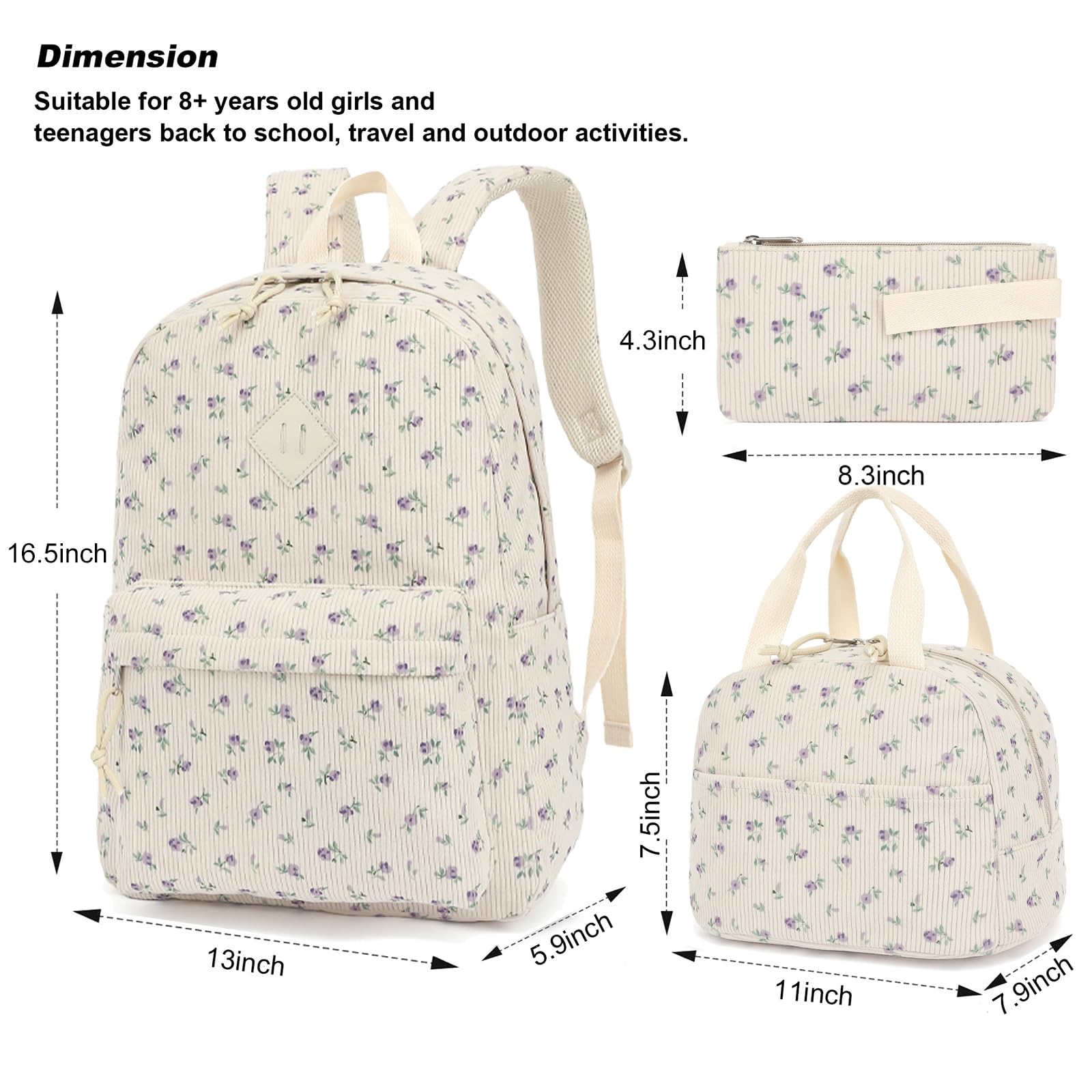 Corduroy Mädchen-Rucksack-Set, 3-teilig, Schulrucksäcke für Kinder, Grundschultaschen mit Lunchbox, Federmäppchen, Beigefarbener Kordsamt, Blumenmuster, Violett, 12.2"L x 6.7"W x 16.9"H