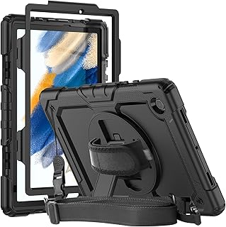 Herize Samsung Galaxy Tab A8 Case 10.5 Inch 2022 SM-X200/SM-X205/SM-X207 with Screen Protector Pencil Holder | Heavy Duty Durable Protective Case W/Stand Hand Shoulder Strap for Galaxy Tab A8 | Black
