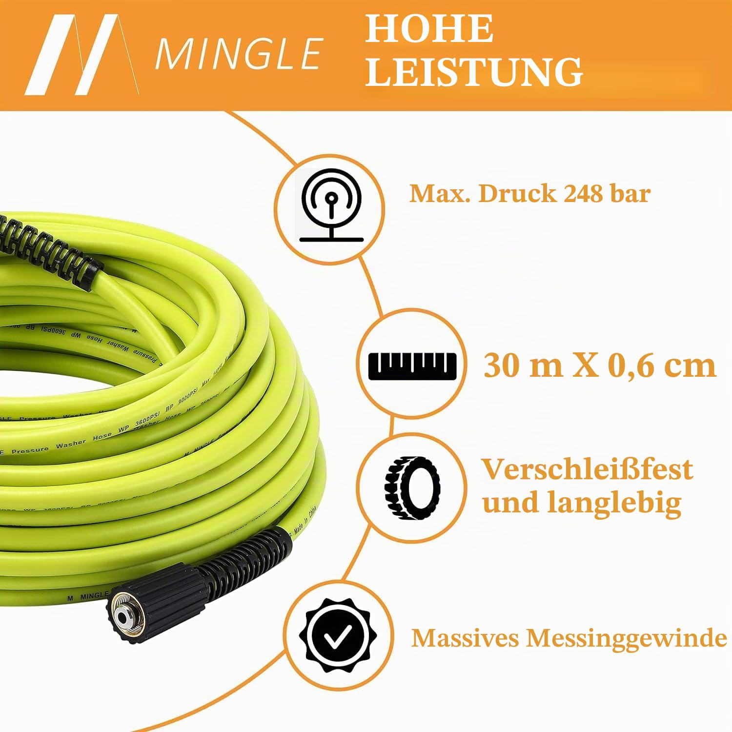M MINGLE Hochdruckreiniger Schlauch 30m (100 FT) x 1/4 Zoll, M22 14 mm Ersatzschlauch für Hochdruckreiniger mit 3/8 Zoll Schnellkupplungs-Set, 248 bar (3600 PSI)