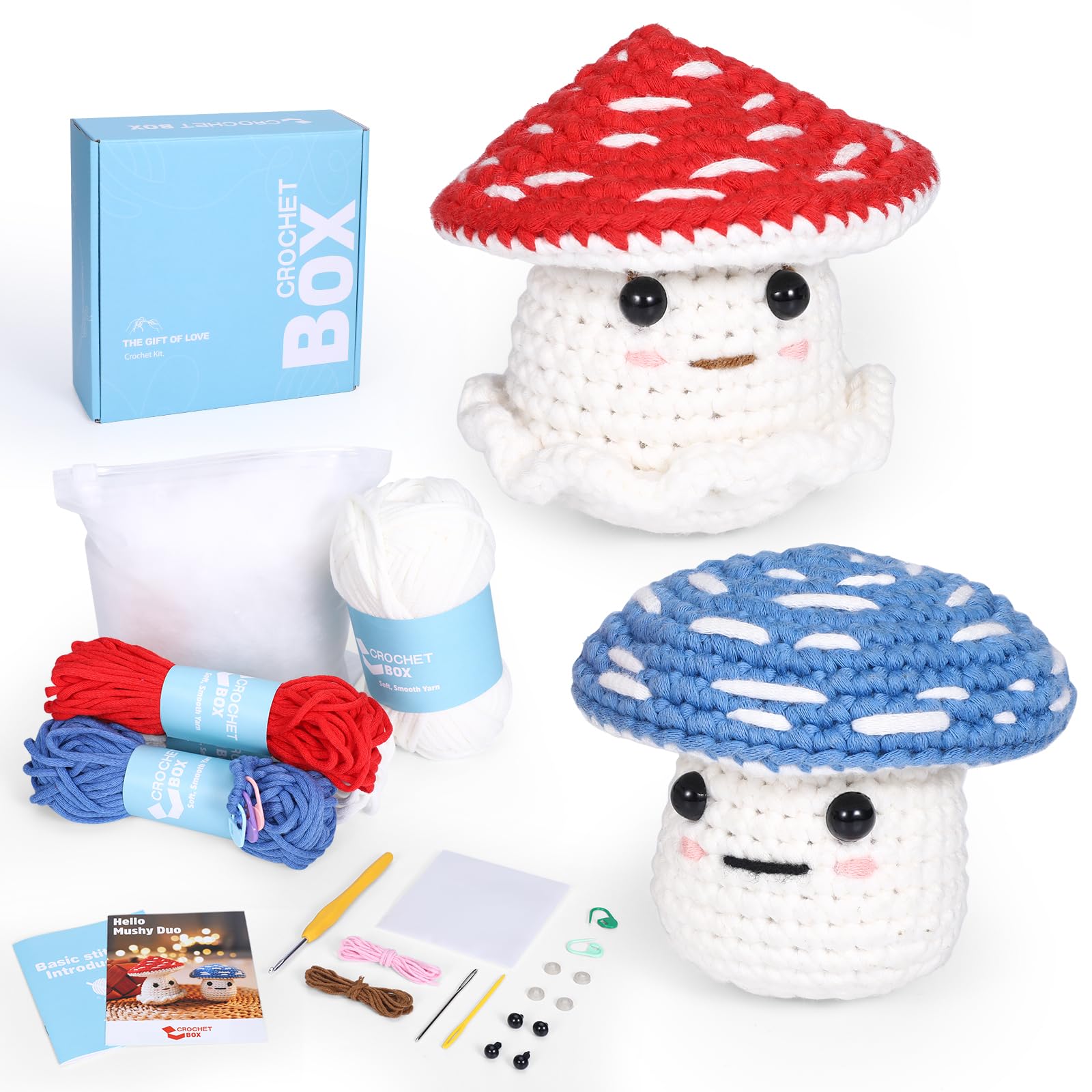 Crochet Kit for Beginners: 2 PCS Red &amp; Blue Mushroom Starter Crochet Kits with Step-by-Step Video Tutorials and Yarns, Hook, Accessories, DIY Craft Gift for Adults and Teen(30%+ Yarn)