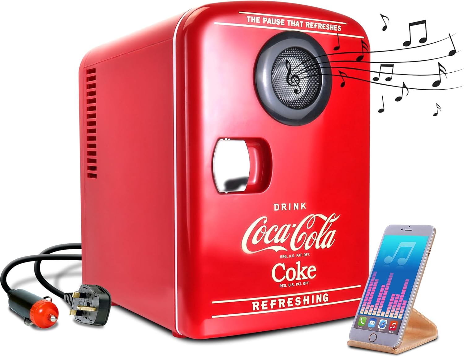 Coca-Cola – Mini refrigerador portátil con altavoz Bluetooth de 12 V, cables de alimentación CACC incluidos, altavoz compacto y enfriador