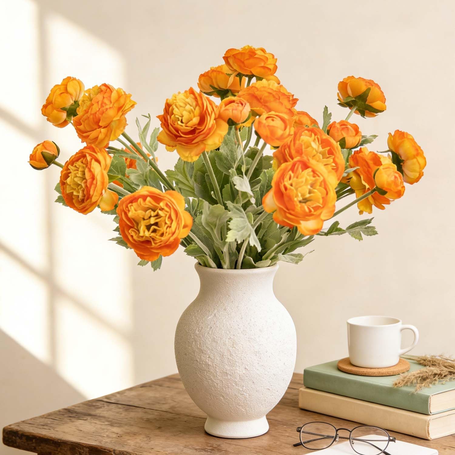 7 pcs Orange Peonies Artificial Flowers, Fake Ranunculus for for vase, Fake Silk Flowers for Home Table Centerpiece Office Desk Farmhouse Kitchen Dining Coffee Table Decoration (Light Orange)