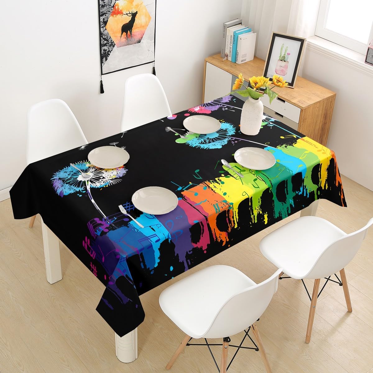 Homewish Piano Music Tablecloths,Rainbow Colorful Graffiti Piano Table Cloth,Dandelion Floral Table Accessories for Kids Boys Girls Teens Kitchen Decor,Black Modern Table Cover,55"x94"