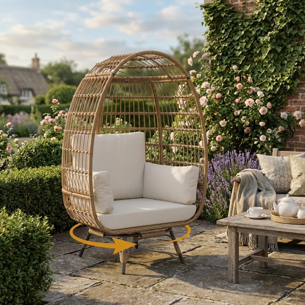 GarveeMore Oversized Swivel Egg Chair with Stand, Freestanding Brown Rattan Outdoor Lounge Chair, Heavy Duty 200kg(440lbs) Patio Garden Seating with Thick Padded Cushion in Beige Cushion