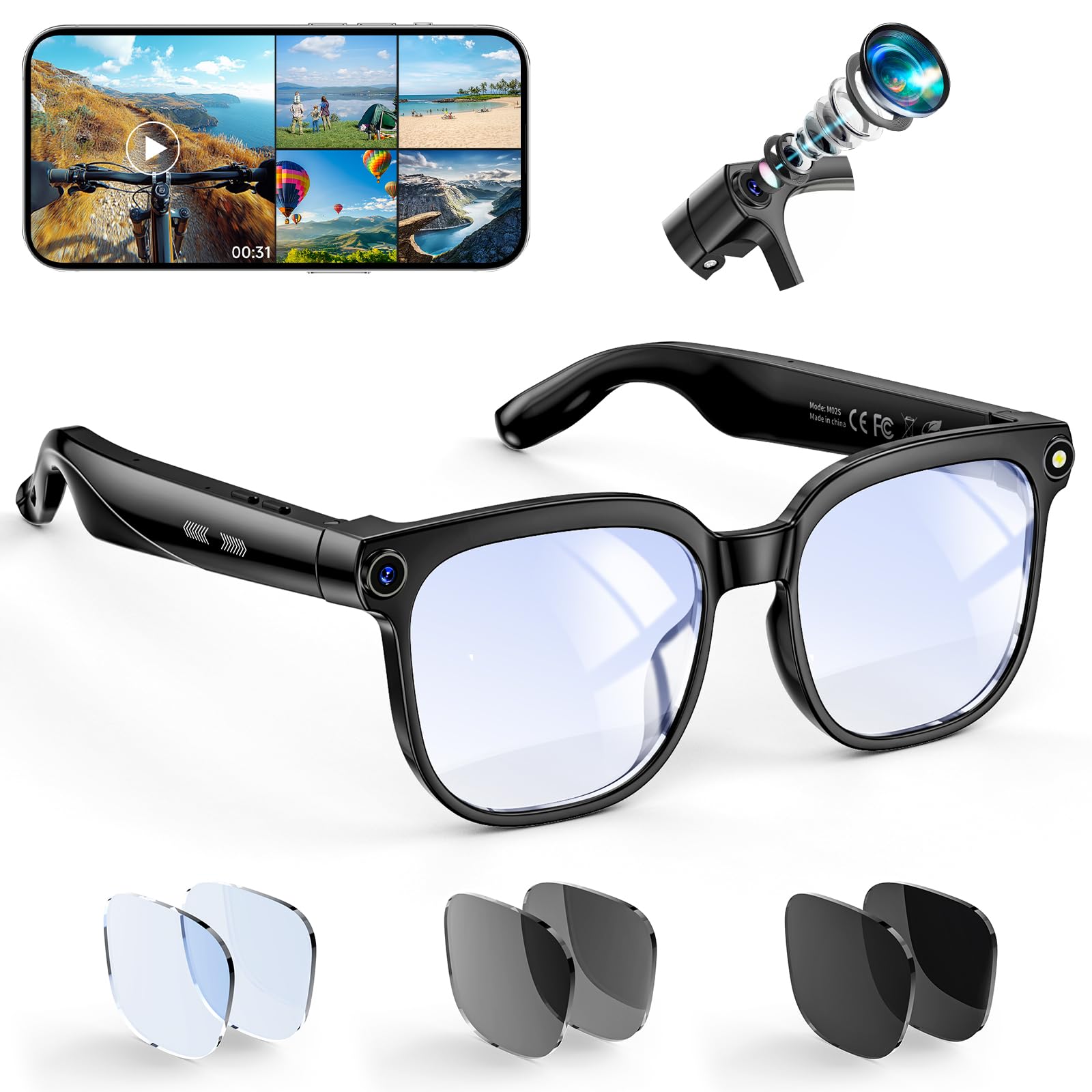 Photo 1 of Hwagol Smart Glasses with Camera, 8MP HD Photo and Video Recording,AI Camera Glasses with Real-Time Translation/Object Recognition/AI Voice Q&A/Recording, Calls and Music,Comes with 3 Pairs of Lenses