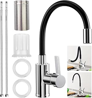 Comprar Grifo Cocina Flexible, Grifos Cocina Fregadero Negro de Acero Inoxidable Giratorio a 360°con Caño Flexible, Torneira Cozinha Monomando de Alta Presión con Tubos para Agua Fría y Caliente