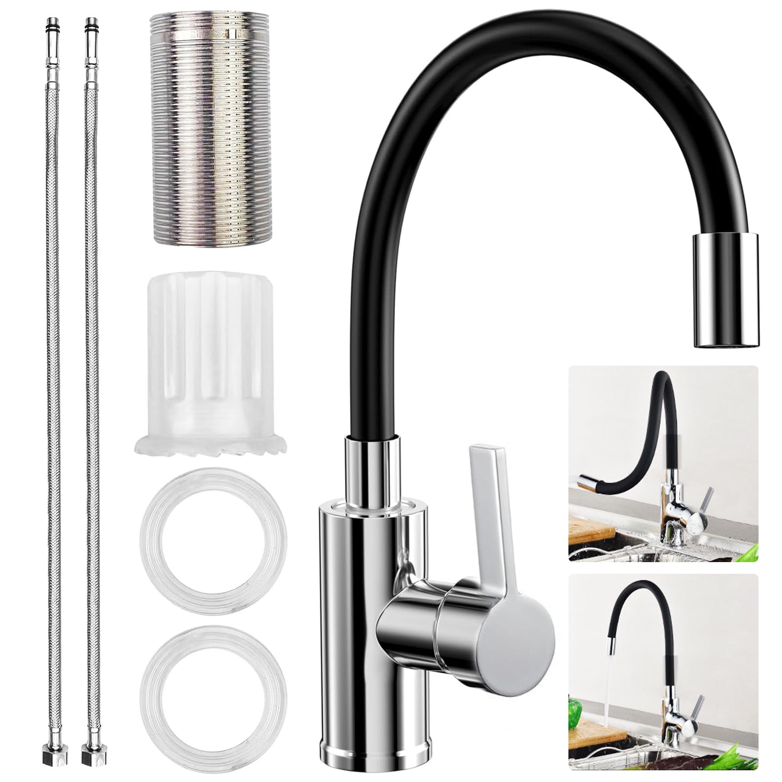 Mitigeur Cuisine Rotatif 360° Acier Inoxydable Bec Flexible Robinet Evier Haute Pression Noir