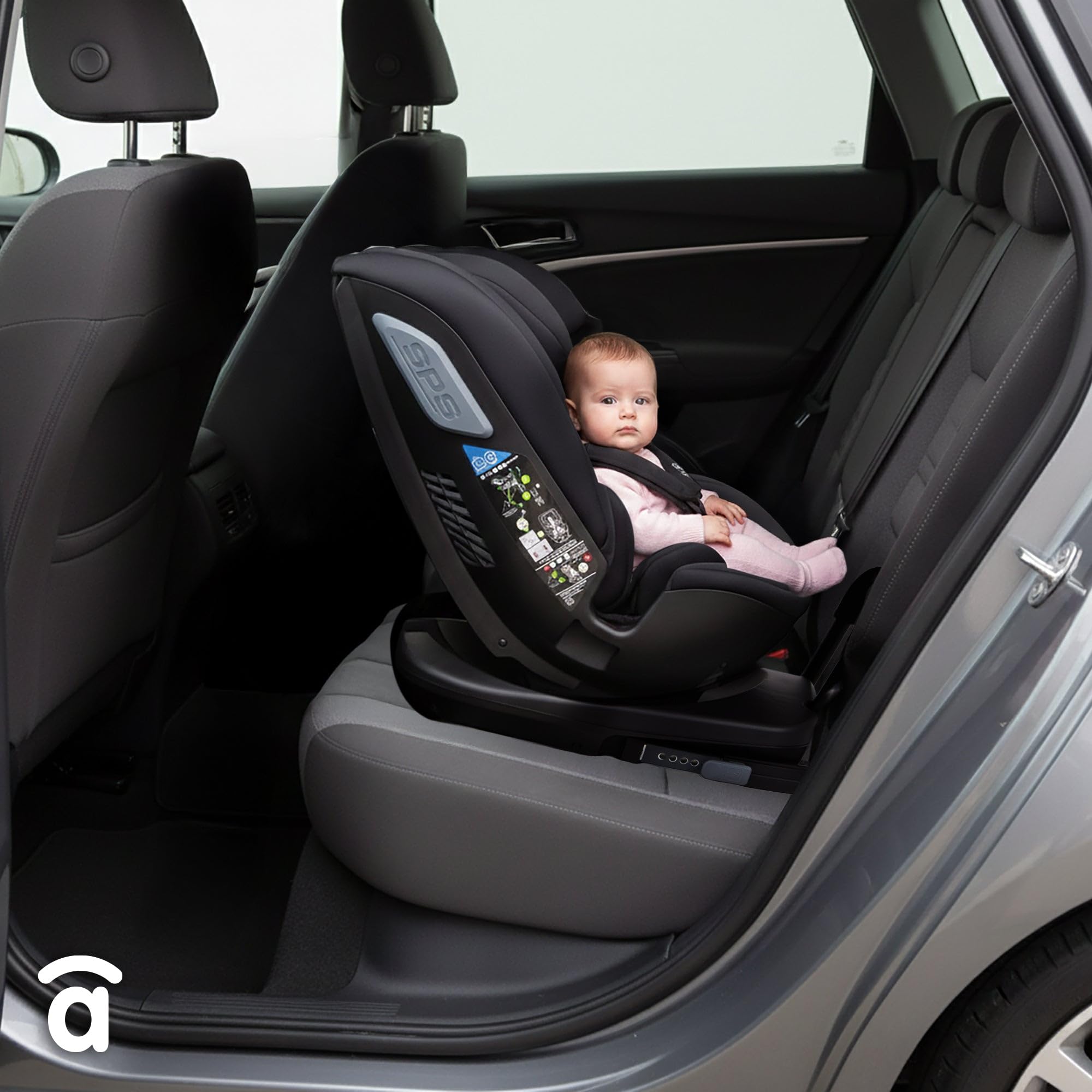 Silla de Coche i-Size 40-150 cm Grupo 0 1 2 3, ISOFIX + Top Tether, Giro 360°, Contramarcha hasta 105 cm, Reclinable – Asalvo Panafix Negro