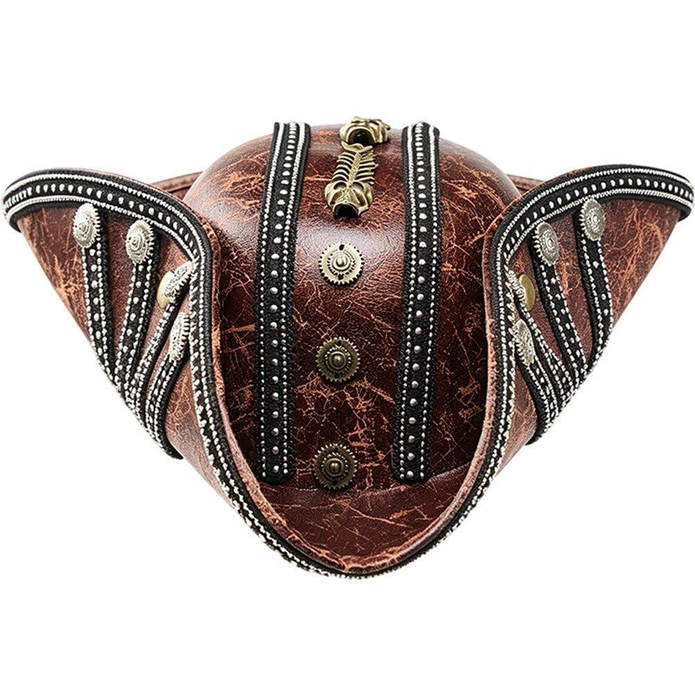 Sofezdo Halloween Pirate Hat Pu Leather Distressed Pirate Cap Colonial Style Tricorn Adult Novelty Hat Unisex Costume Cap for Halloween Cosplay