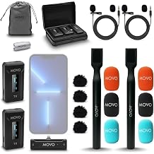 ميكروفون Movo WMX-2-L-Duo اللاسلكي المزدوج Lavalier لأجهزة iPhone/Lightning مع محول محمول WMX-HM - ميكروفون طية صدر السترة مع حامل مقبض لمنشئي المحتوى والمقابلات وإعداد التقارير