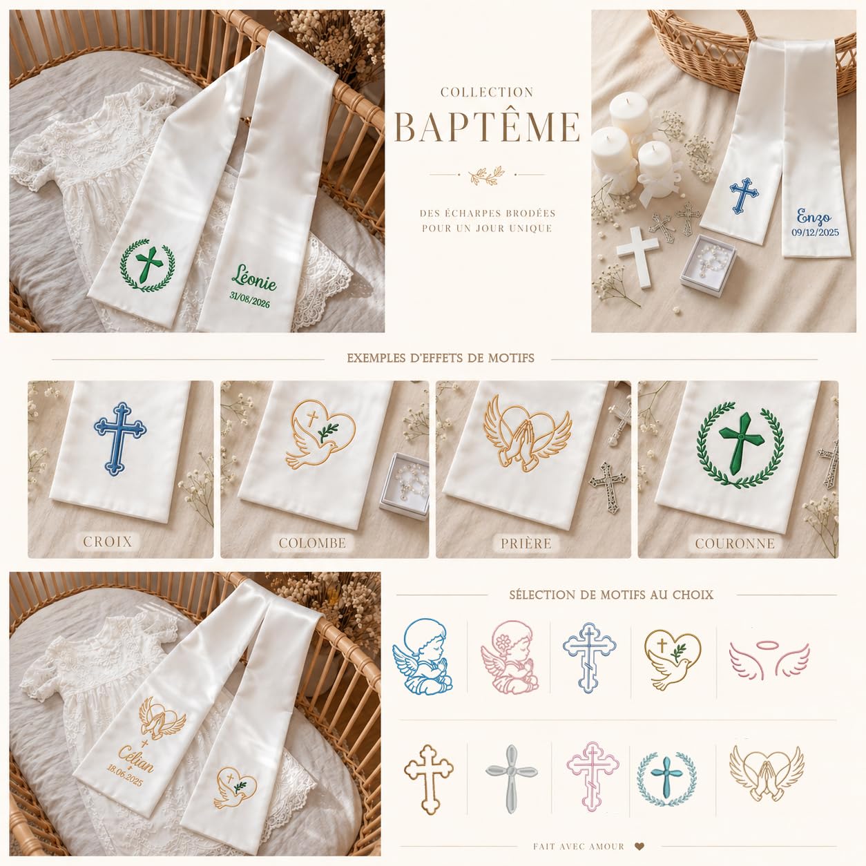 XIAOMA Écharpe de Baptême Personnalisée Enfant, Écharpe Communion Brodée Prénom et Date, Écharpe Blanche Satin Ange ou Croix, Cadeau Baptême Fille Garçon avec Coffret Cadeau, Personnalisation 48h