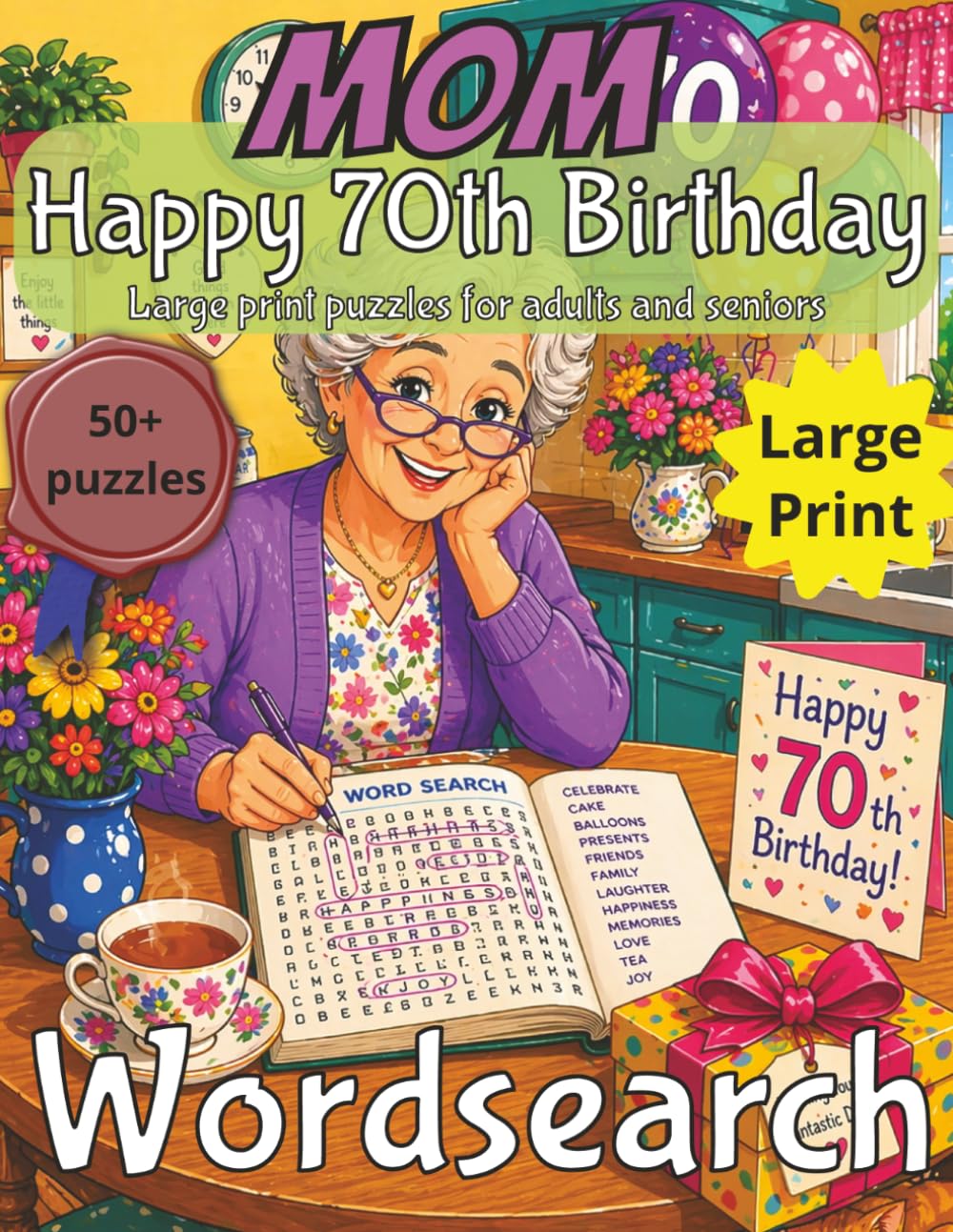Happy 70th Birthday Mom Word Search: 70th Birthday Gift Mom | Gifts for Women | Present for Senior | 70 Year old Gift | 70th Gift for Women | ... Print | Fun Gift Elderly | Mom 70th Present