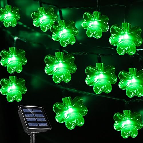 HUGSVIK Luces solares de trébol de 40 luces LED para decoraciones del día de San Patricio, 8 modos de cuerda de luces solares de trébol, luces