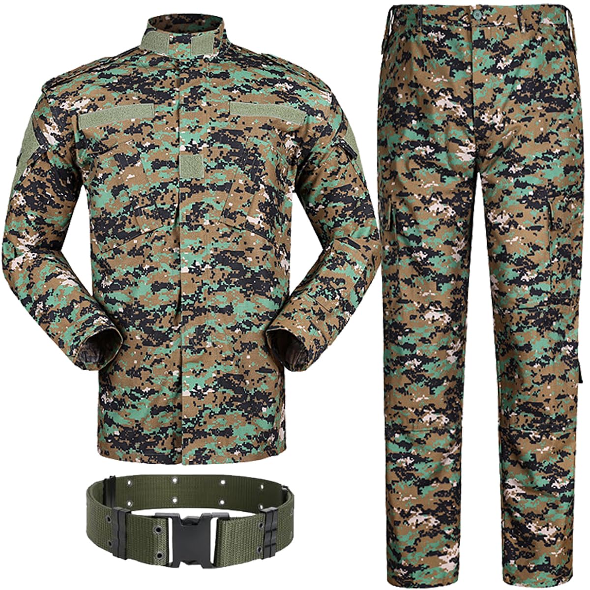 H World Shopping Military Tactical Mens Hunting Combat BDU Uniform Suit Shirt & Pants with Belt Woodland Digital AOR2