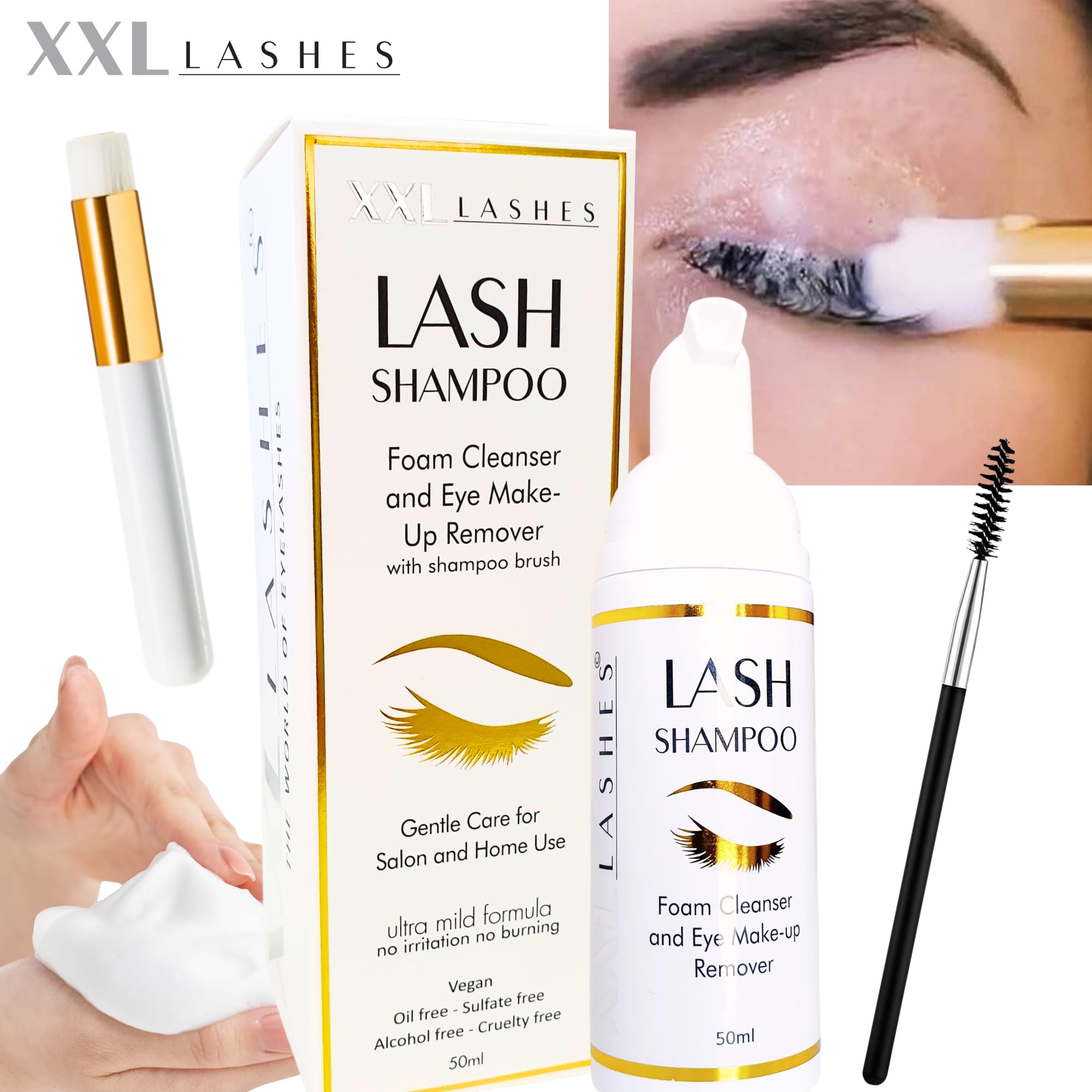 XXL Lashes Shampoo per extension ciglia, detergente schiumogeno, struccante, 50 ml con spazzolino per shampoo per ciglia e sopracciglia, cura ciglia con pennello per lavaggio