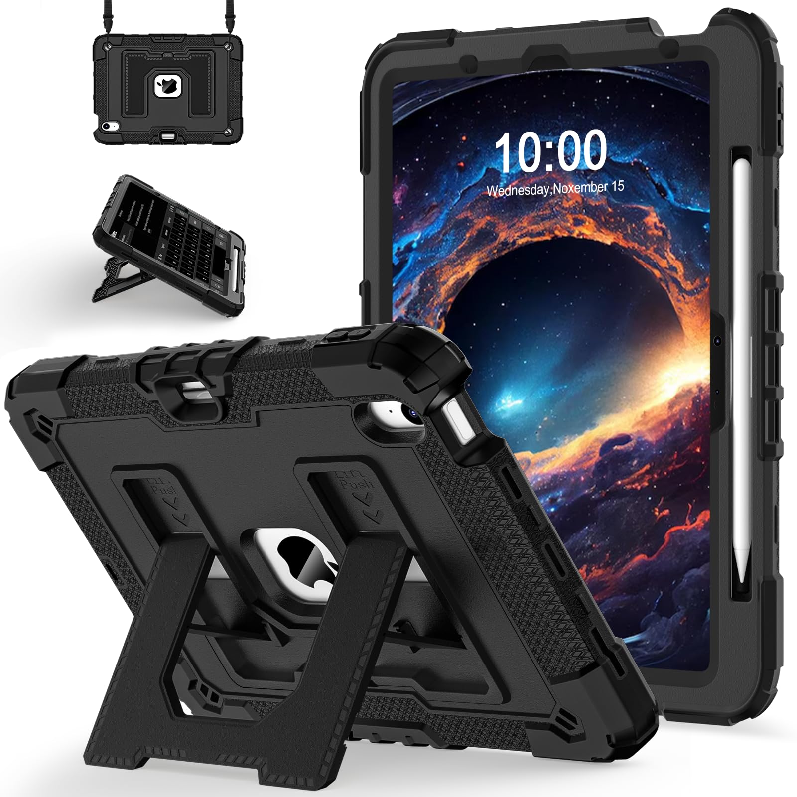 for iPad Air 11 Inch M4/M3 (2026/2025) / M2 (2024) iPad Air 5th (2022) / 4th Generation (2020) 10.9 Inch,Military Grade Shockproof iPad Case Air 11 Inch with Pencil Holder, Black