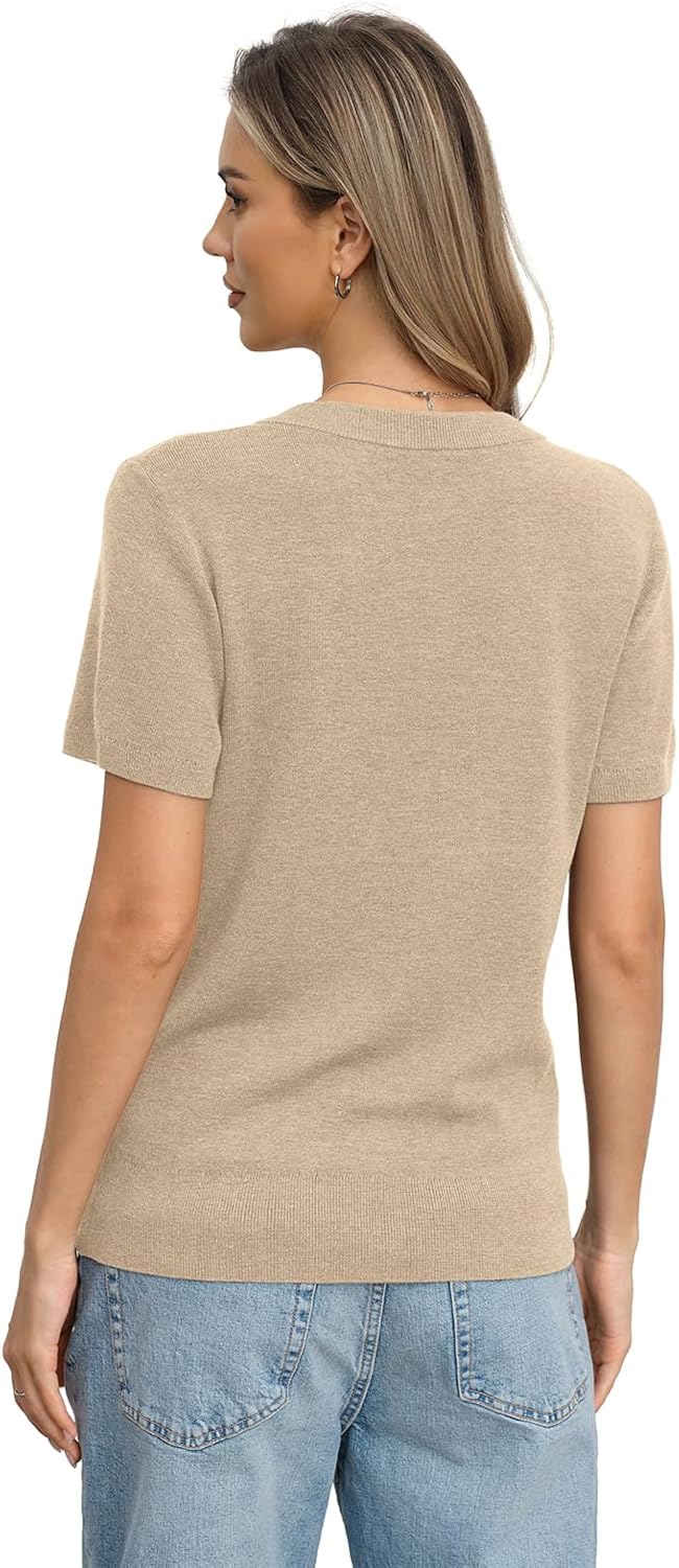 Womens Wool Blend Lightweight Sweater V Neck Short Sleeve Knit Pullover Tops Summer Business Casual Clothes - Image 5