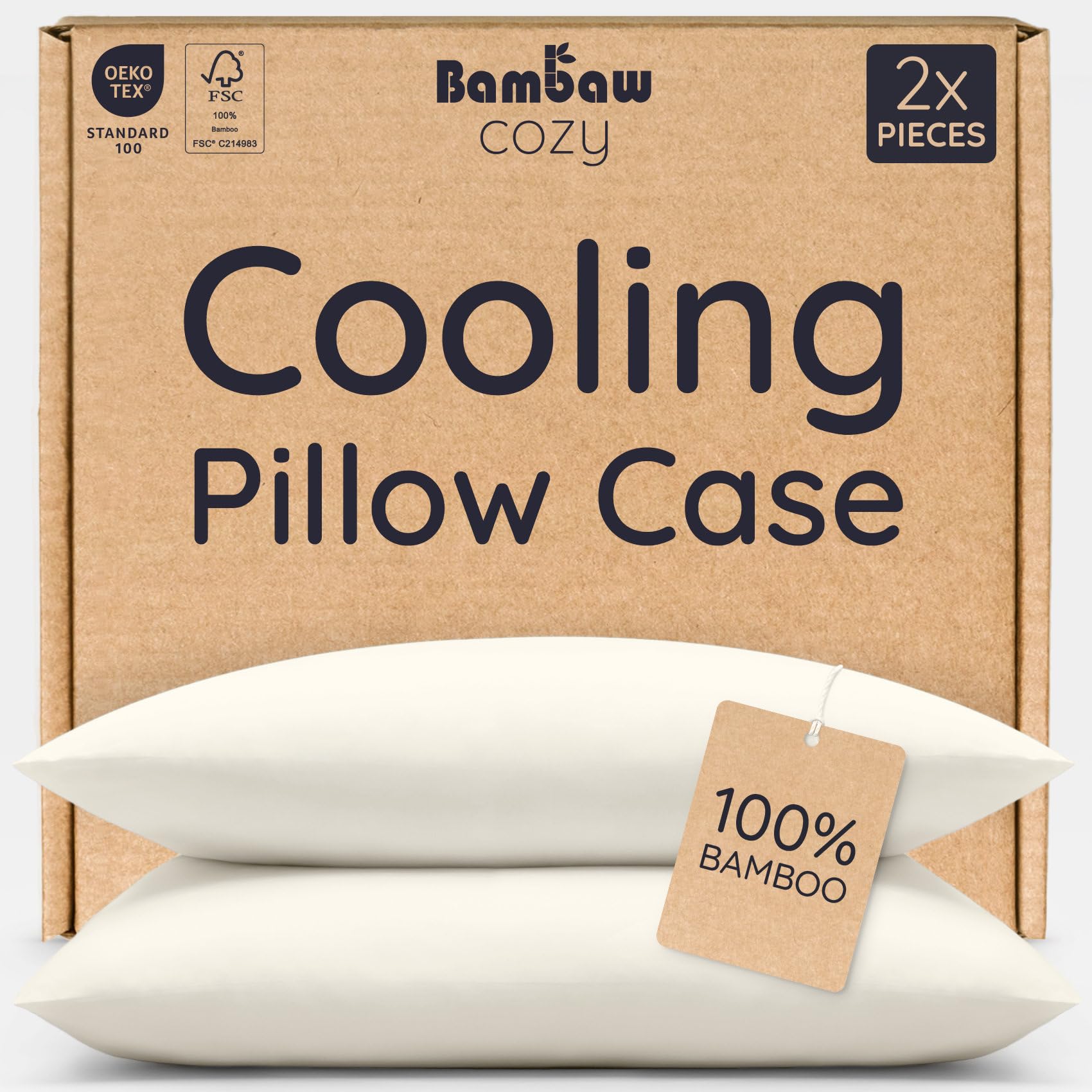Bambaw Ivory Bamboo Pillowcase 50X75 Cm, 2 Pack, Cooling Pillowcases For Night Sweats, 100% Bamboo Pillow Cases 2 Pack With Envelope Closure, Antibacterial & Hypoallergenic Cold Pillow Case 50X75 Cm (Ivory)