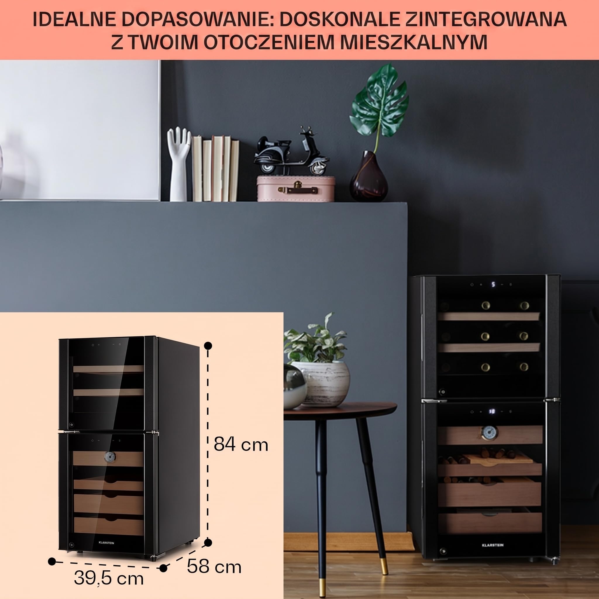 Klarstein Humidor i chłodziarka do wina, Szafka na wino i cygara, Lodówka na napoje i humidor na cygara, Wine Fridge z wyświetlaczem LED, Kontrola temperatury, Higrometr, 89L