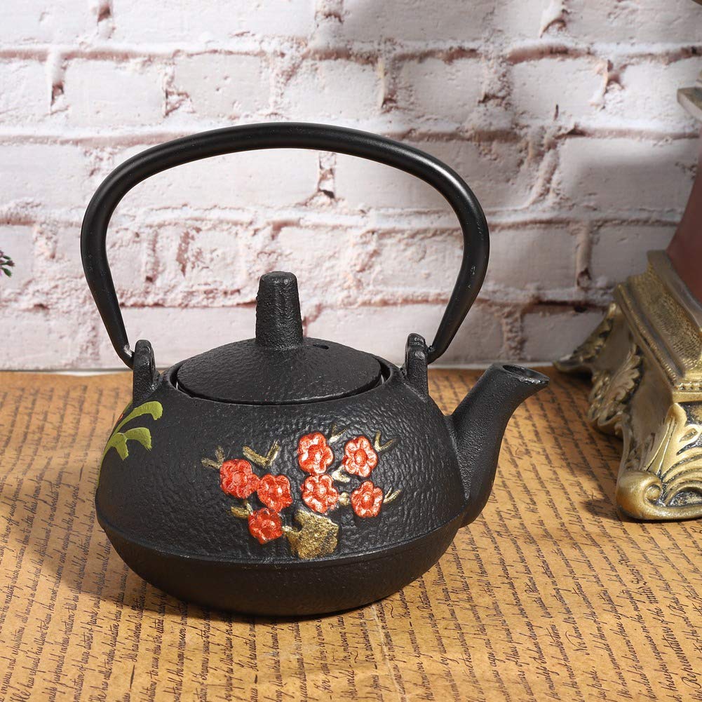 HEEPDD Teiera Decorativa da Cerimonia Bollitore da tè in Ghisa Ferro Non Rivestito 0,3 L Stile Giapponese, Motivo con Fiori di Pruno in Bambù, Piccola Teiera Ornamentale per Decorazioni per la Casa da