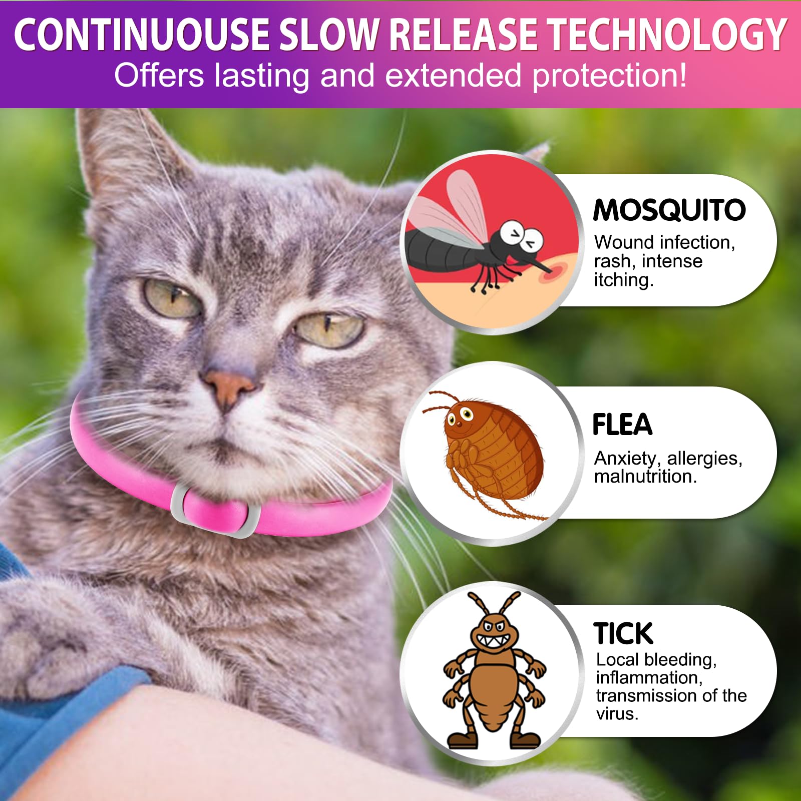 Collar Antipulgas para Gatos,Seguro y Eficaz para el Control de Pulgas y Garrapatas,Collar Antipulgas y Garrapatas,Ajustable para Todas Razas Tallas,24 Meses de Protección