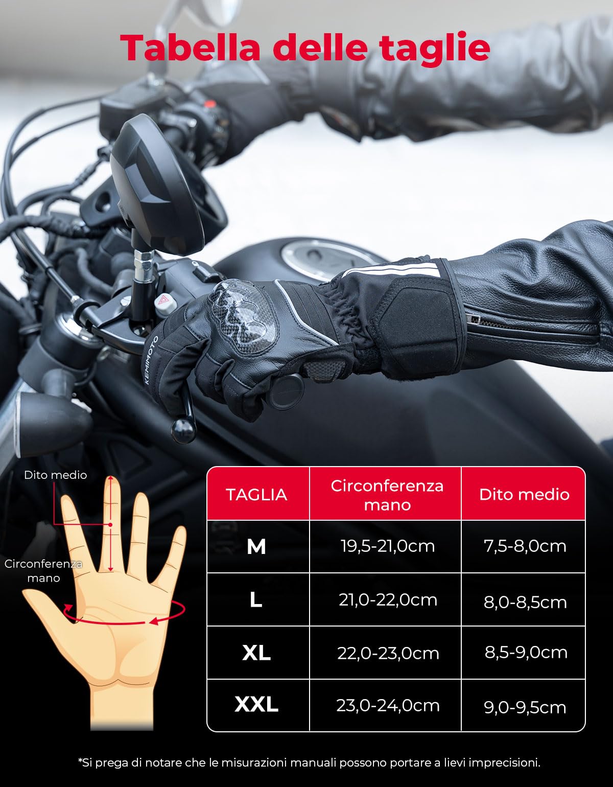 KEMIMOTO Guanti Moto Invernali, Guanti Moto Impermeabili e Antivento, Resistenti all'Usura con Guscio in Fibra di Carbonio, Guanti Termici Touchscreen per Motociclismo e Sci
